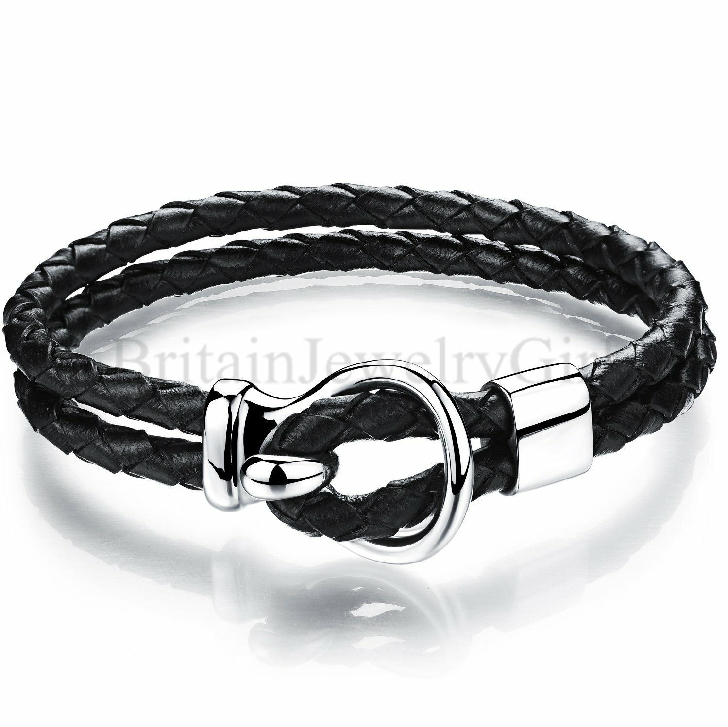 8.3" Double Layer Black Leather Braided Stainless Steel Clasp Mens Bracelet Cuff