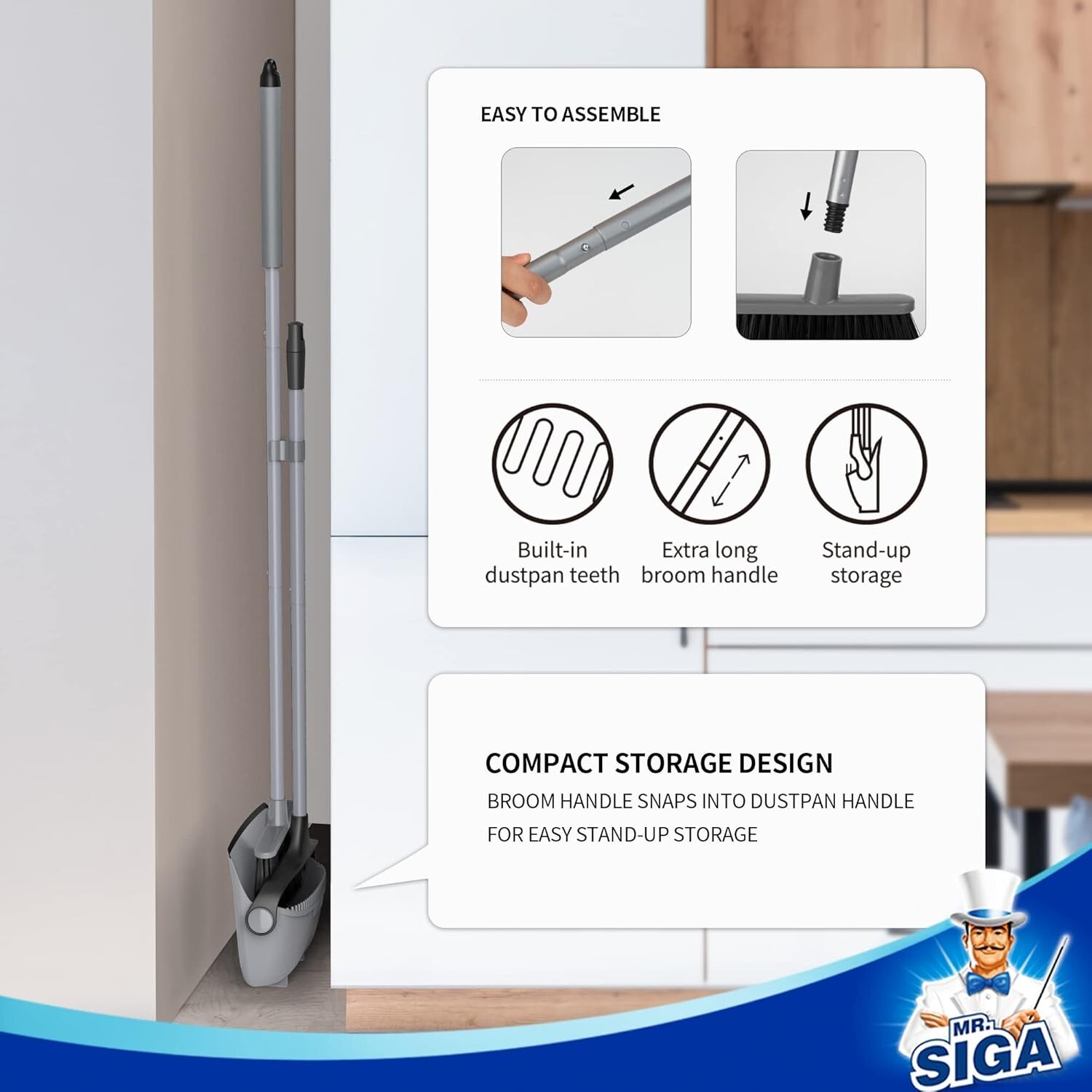Stylish Gray Broom and Dustpan Set with Comfort Grip for Stress-Free Cleaning
