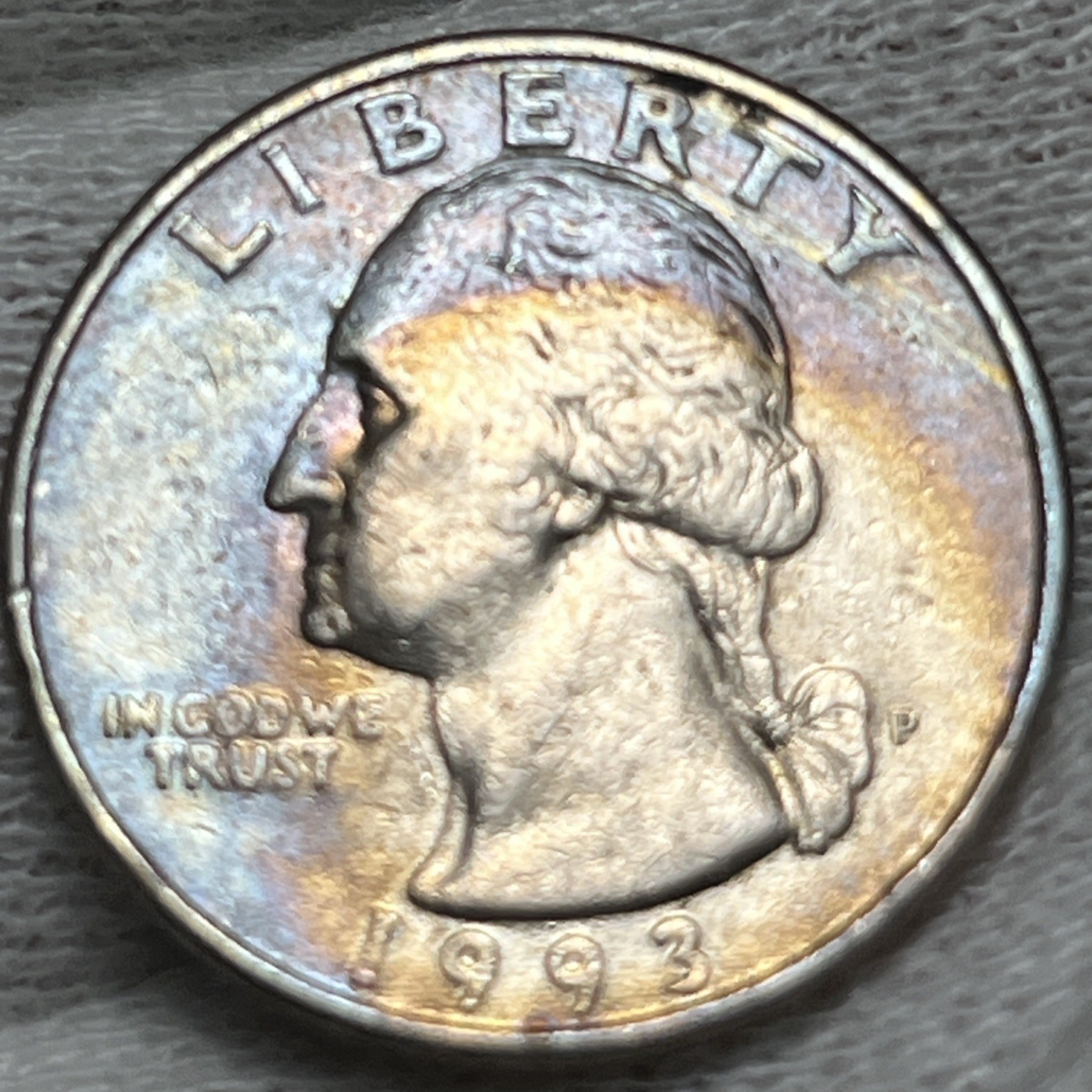 1993 P Washington Quarter Errors Strike Through Grease Rainbow Toning
