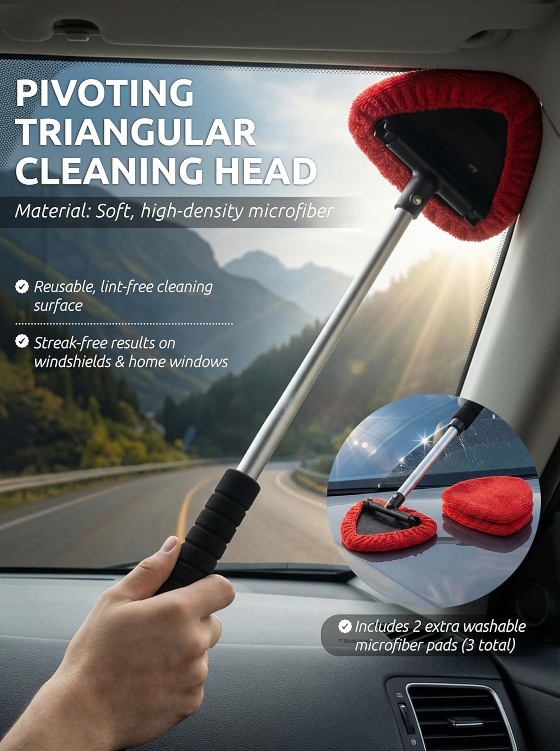Windshield Cleaner Tool Extendable Long Handle Pivoting Head Microfiber Bonnets