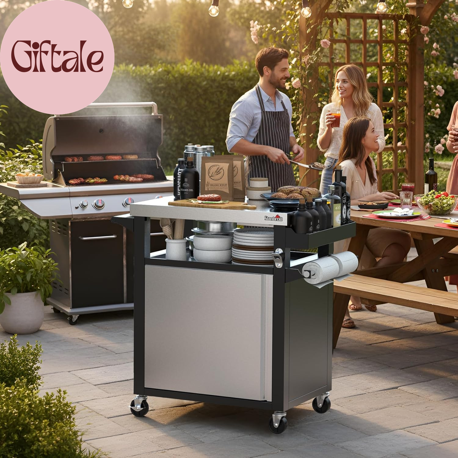 Rolling Grill Table Cart with Storage Cabinet, 3-Shelf Movable Prep Table Outdoo