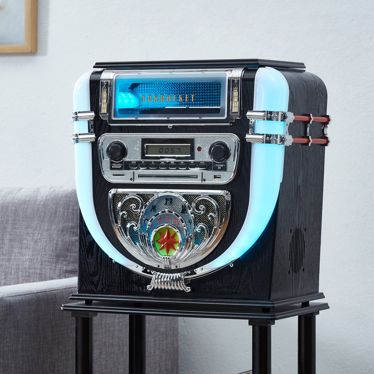 Arkrocket Boston Tabletop Jukebox Record Player Entertainment System w/ Stand