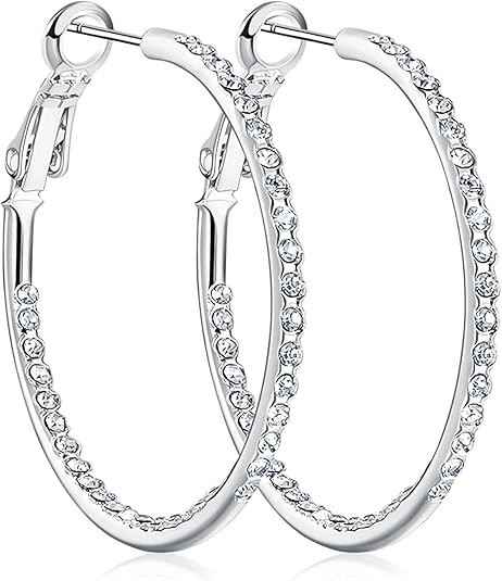 Aretes de aro de cristal chapados en oro blanco de 14 quilates para mujeres