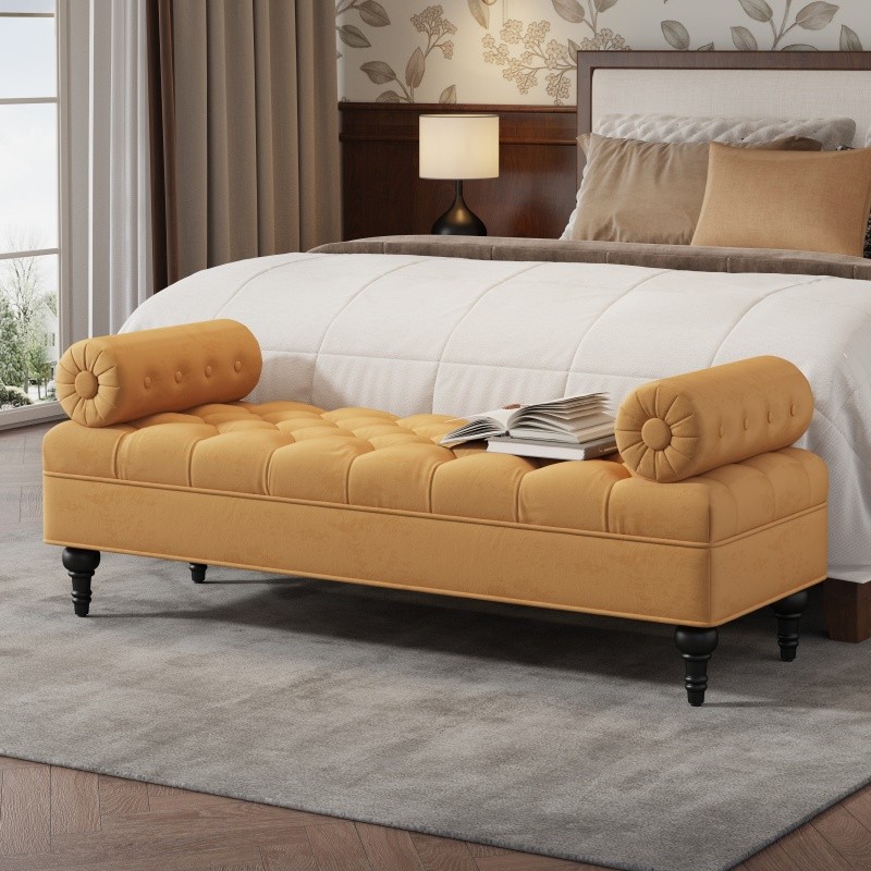 Modern Bedroom Bench for End Bed,Velvet Upholstered Bench w/2 Detachable Pillows