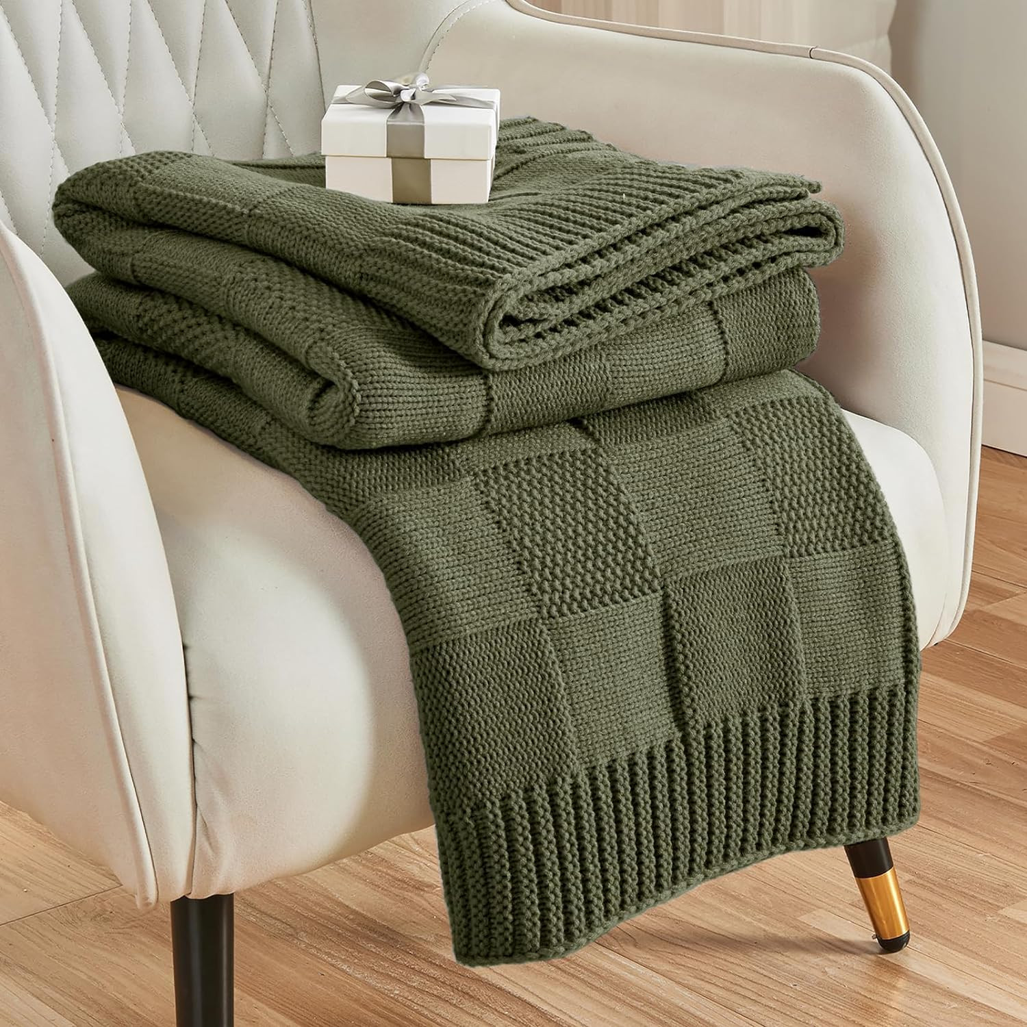 Olive Green Checkered Knit Throw Blanket - Cozy 60"x80" for Couch & Bed