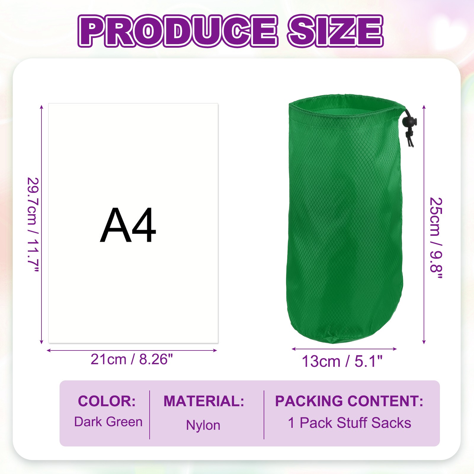 Stuff Sack, Nylon Waterproof Storage Sacks, 5x10Inch (Dark Green)
