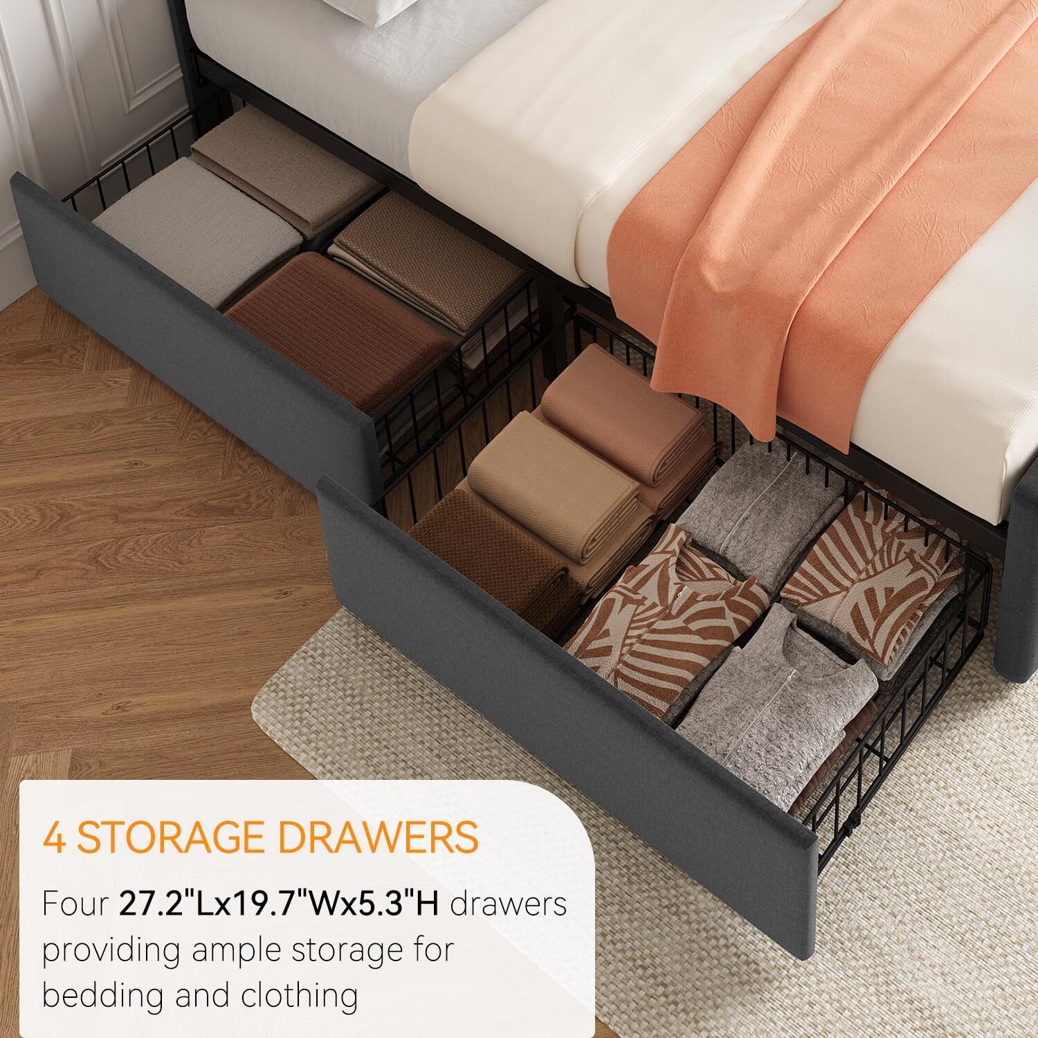 Full Size Bed Frame with Upholstered Storage Headboard with 4 Storage Drawers