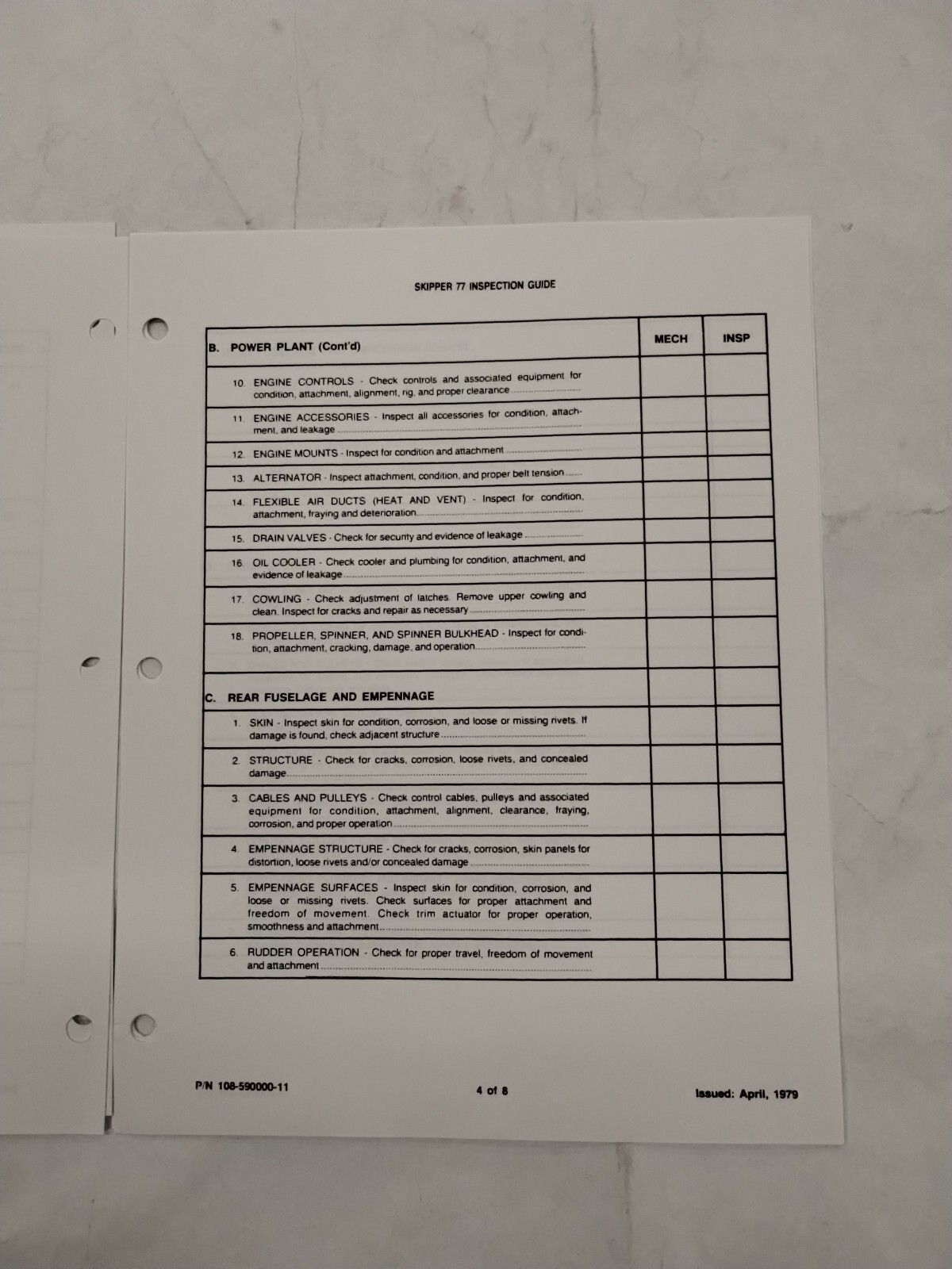 Beechcraft Model Skipper 77 Inspection Guide (12-Sets)-Original