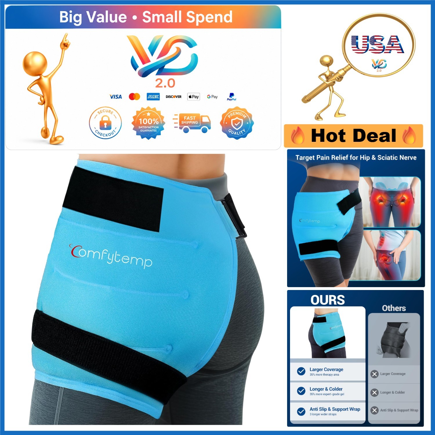 Hip Ice Pack Wrap for Sciatica Pain Relief Reusable Gel Cold Hot Therapy Blue...