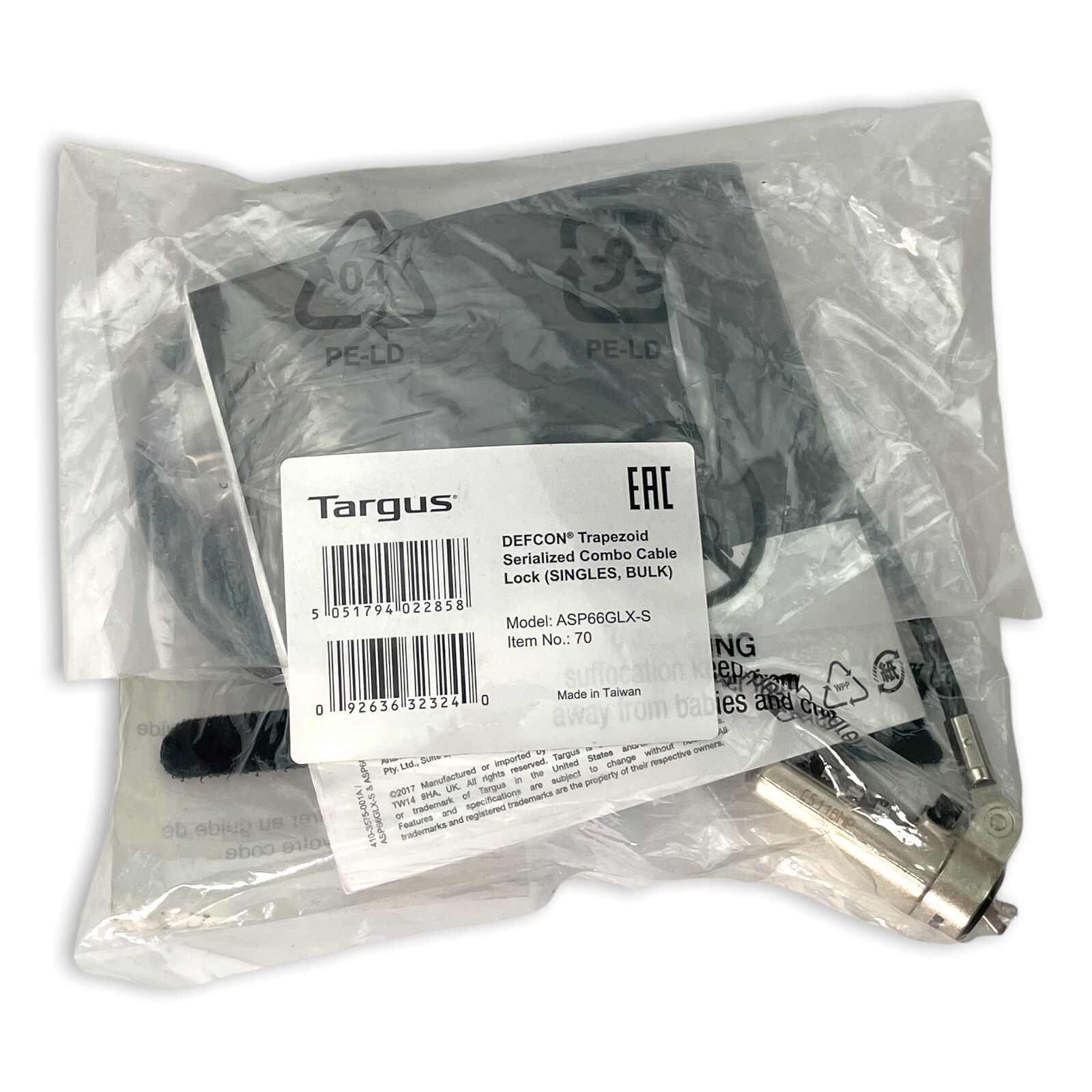 Targus ASP66GLX-S Defcon Serialized Combo Cable Lock w/ Desk Anchors 6.5'