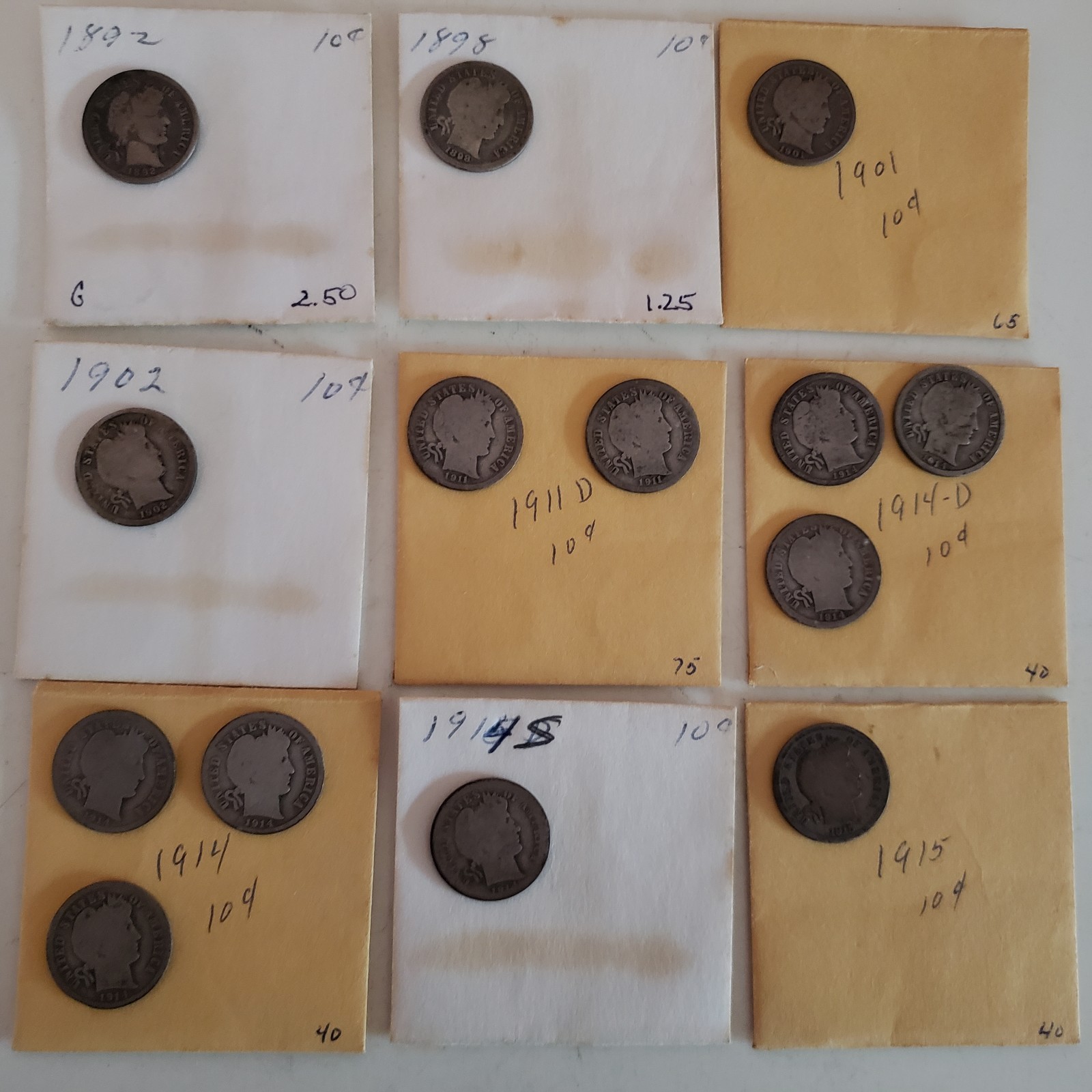 Lot of 14 Barber Dimes 1892-1915 Mixed Dates 90% Silver