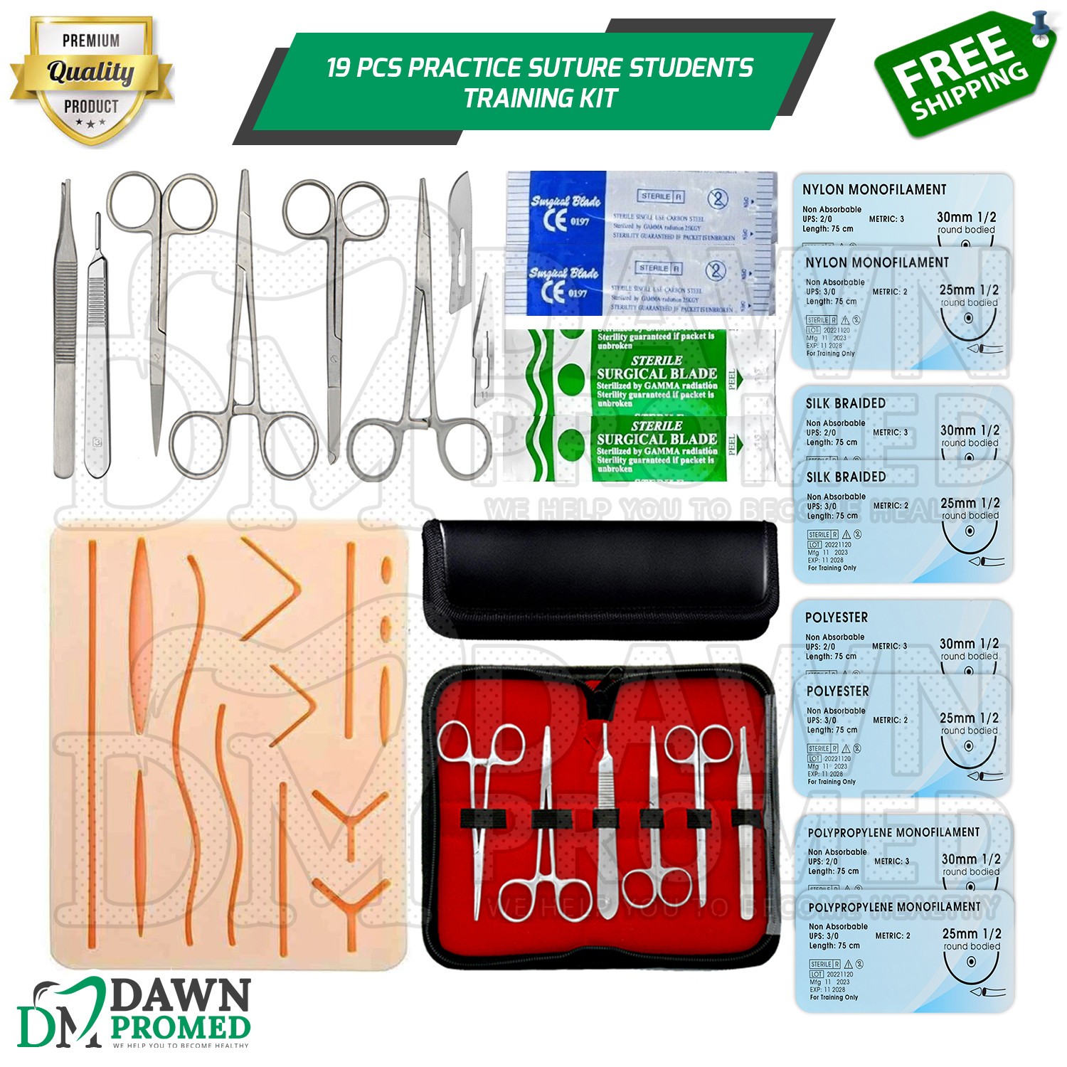 19 Pieces Practice Suture Kit with Pad for Medical Veterinary Student Training