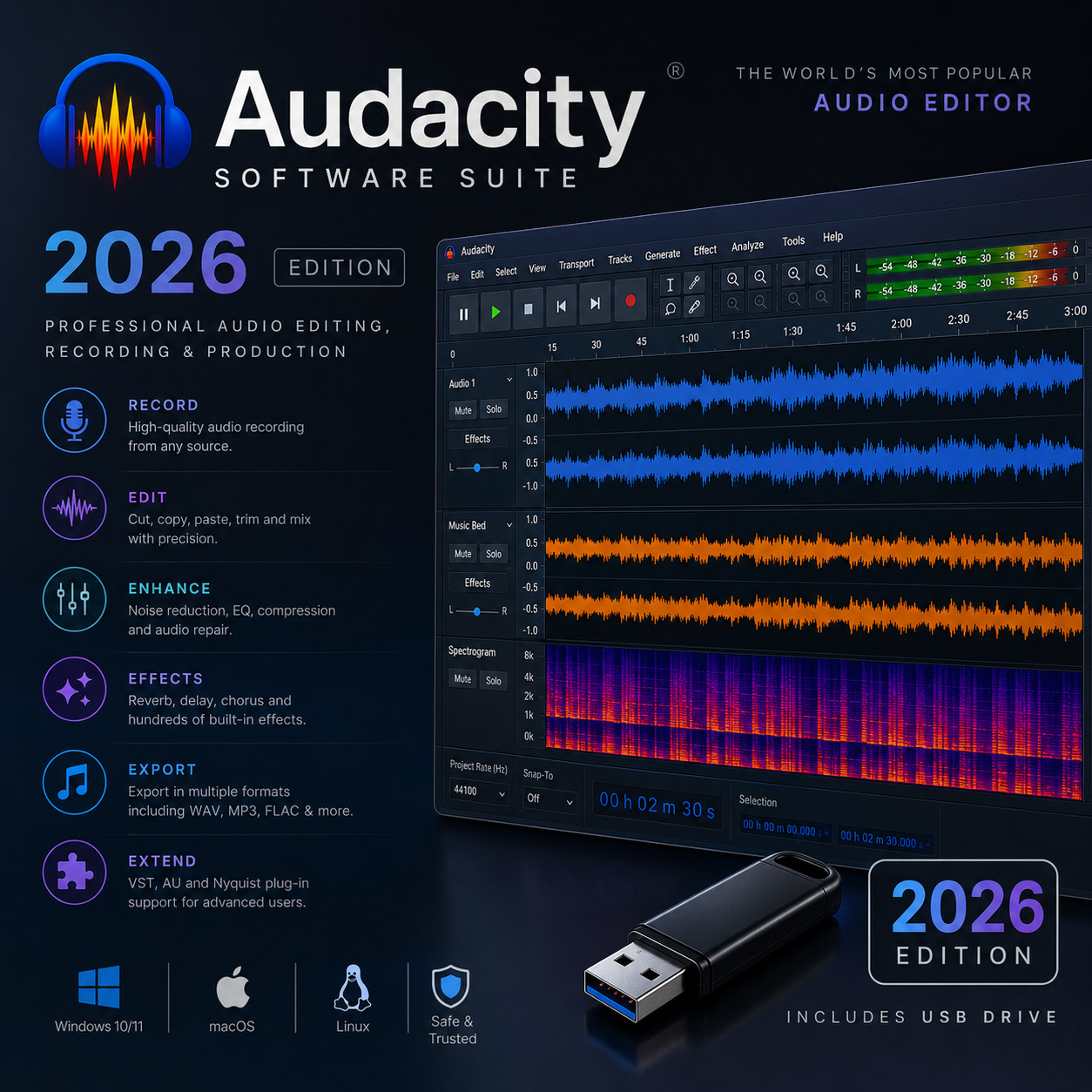 Audacity 2026 Software Professional Audio Music Editing Recording ~ Windows