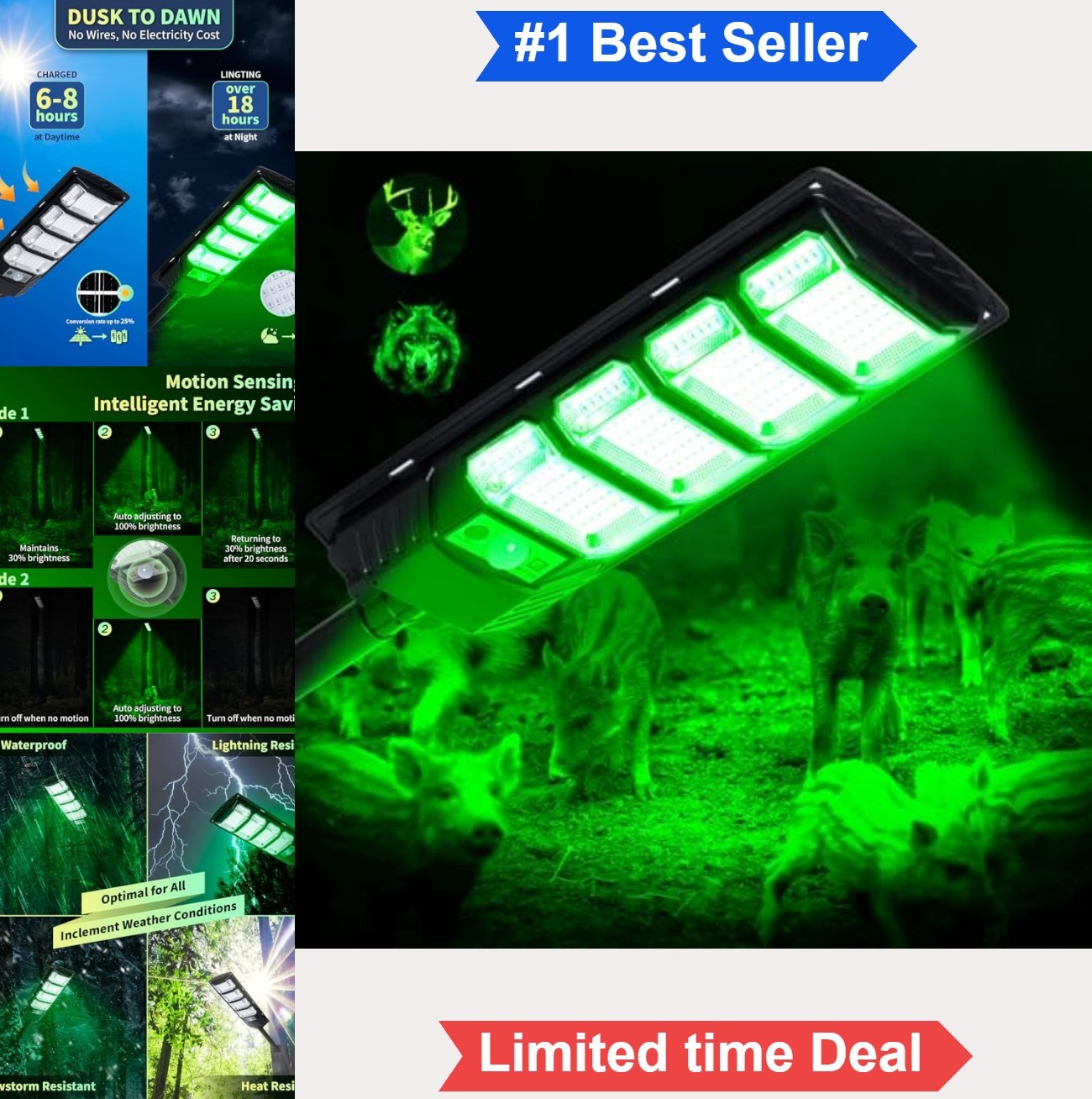 Solar Powered Hog Feeder Light 12000LM Green Motion Sensor Remote Control Night