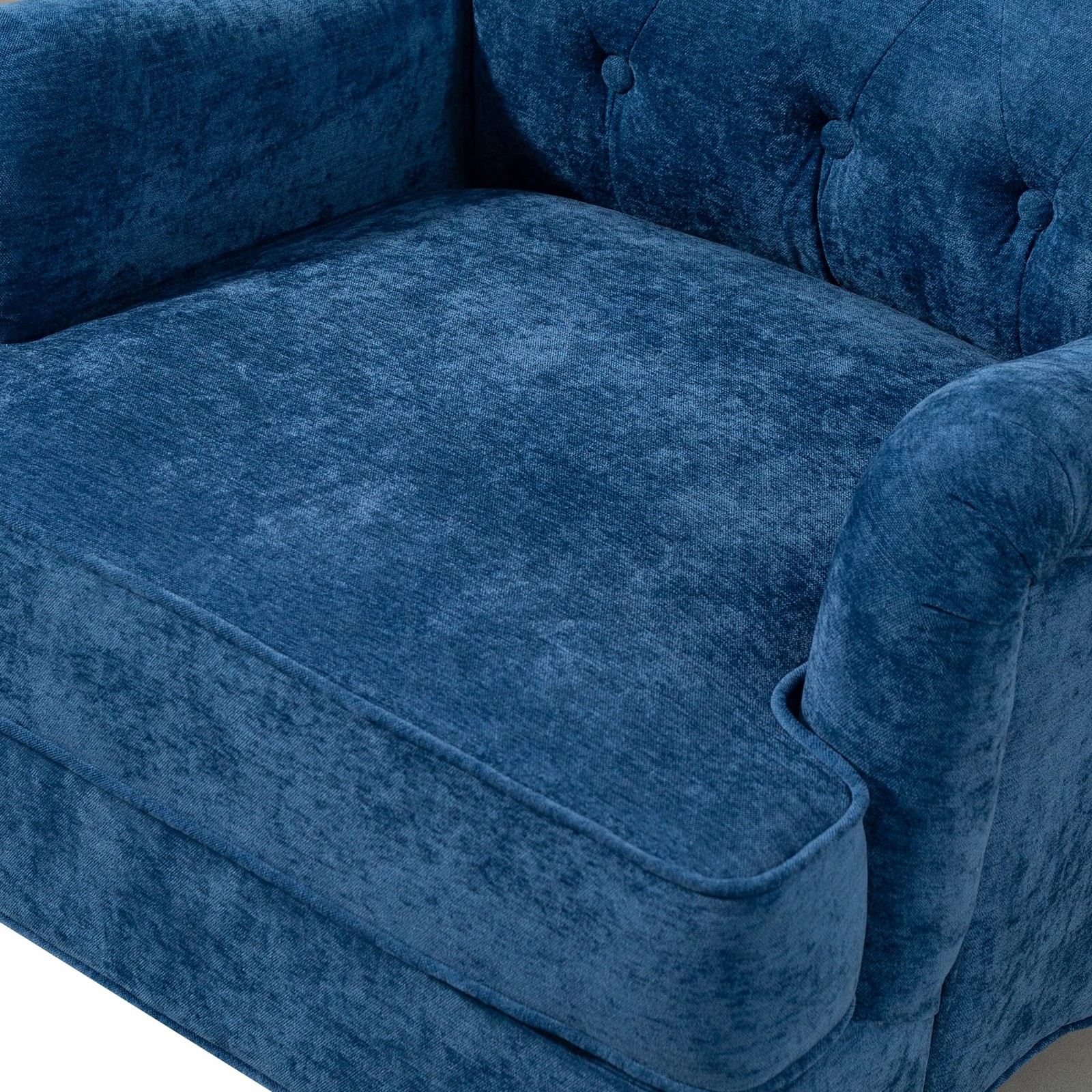 Blue Chenille Accent Chair 300LBS Upholstered Springs Cushions Retro Wooden Legs