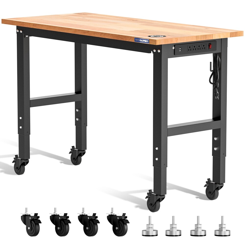 WORKPRO 48"X22" Adjustable Workbench with Leveling Foot & Wheels Rubber Wood Top