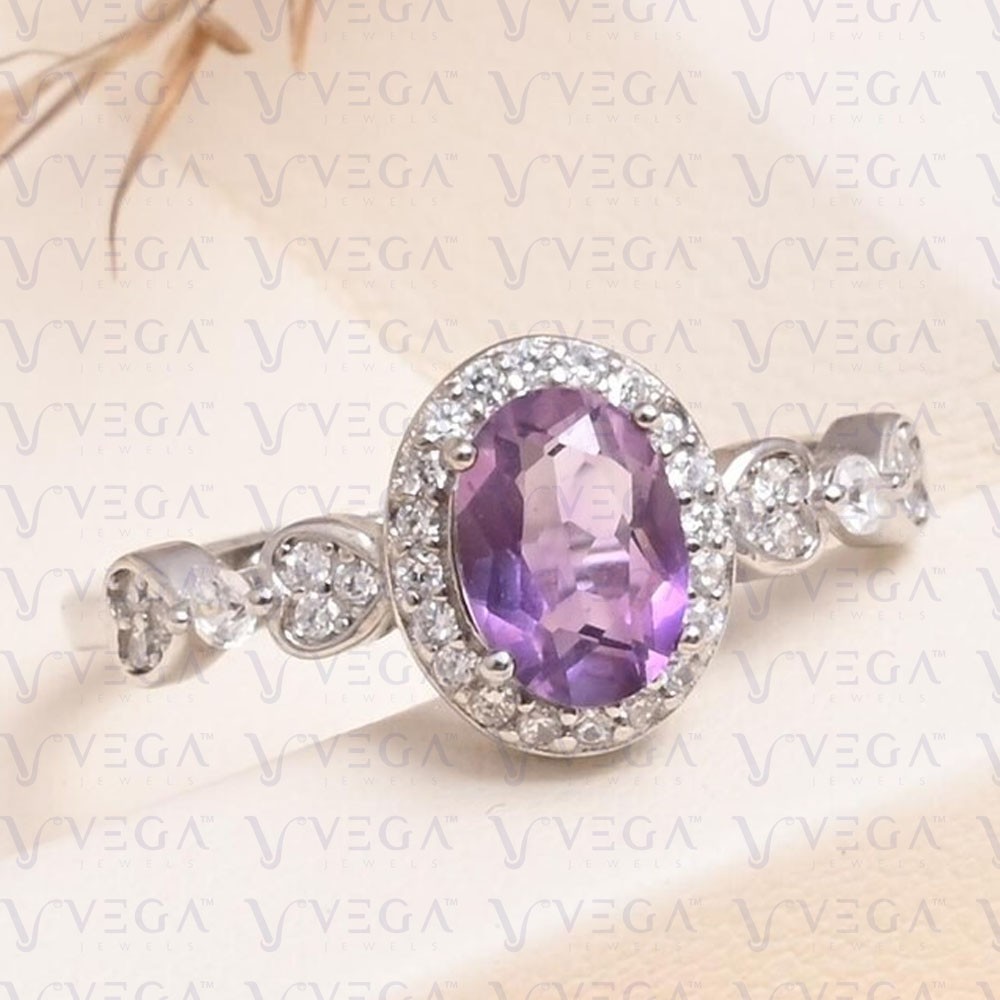 3.50Crt Oval Shape Natural Amethyst and Diamond Halo Ring 950 Pt Solid Platinum