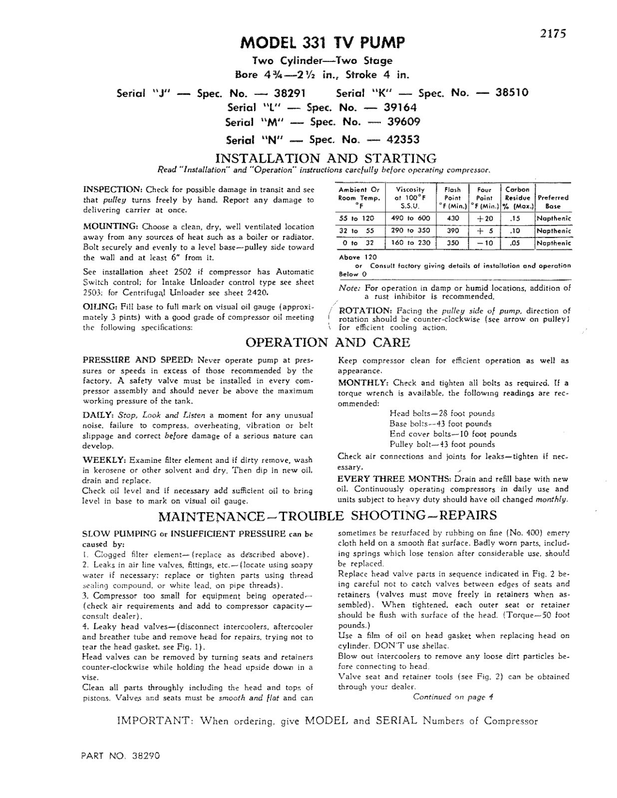331 Two-Cyl Compressor Operator Maintenance & Parts Manual Fits Kellogg