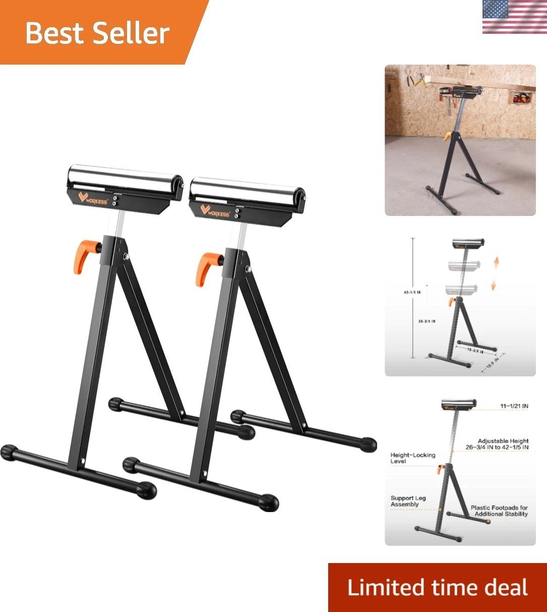 Adjustable Height Roller Stand Twin Pack - 132 Lbs Capacity & Non-Slip Stability