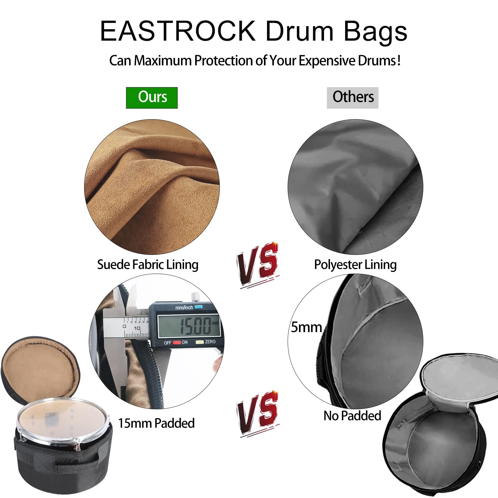 12" x8" Tom Drum Bag Tom Drum Cases 15 mm Thick Padding for Your Drum Protect...