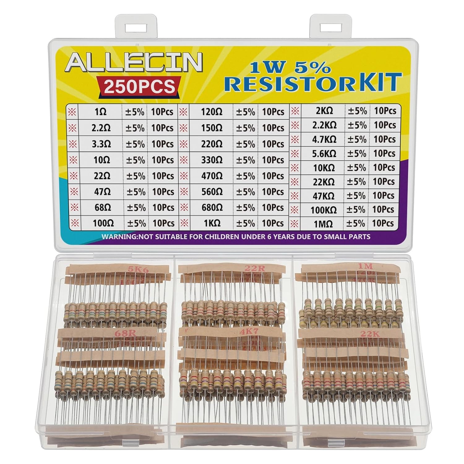 25 Values 1W Carbon Film Resistor Kit from 1 Ohm to 1M 1 Watt 5%