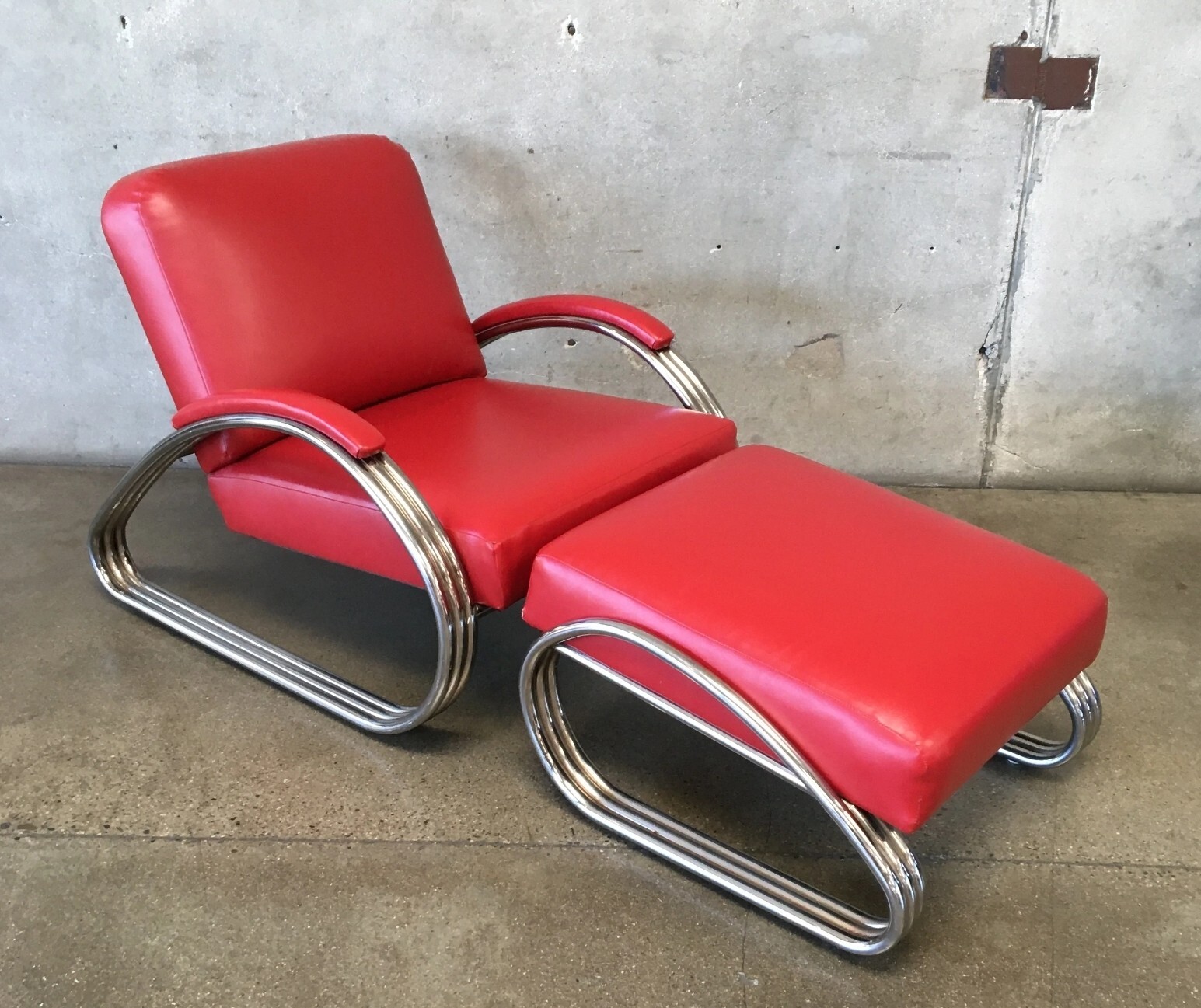 💥Kem Weber Lloyd Art Deco Machine Age Chrome Metal Arm Chair & Ottoman Style