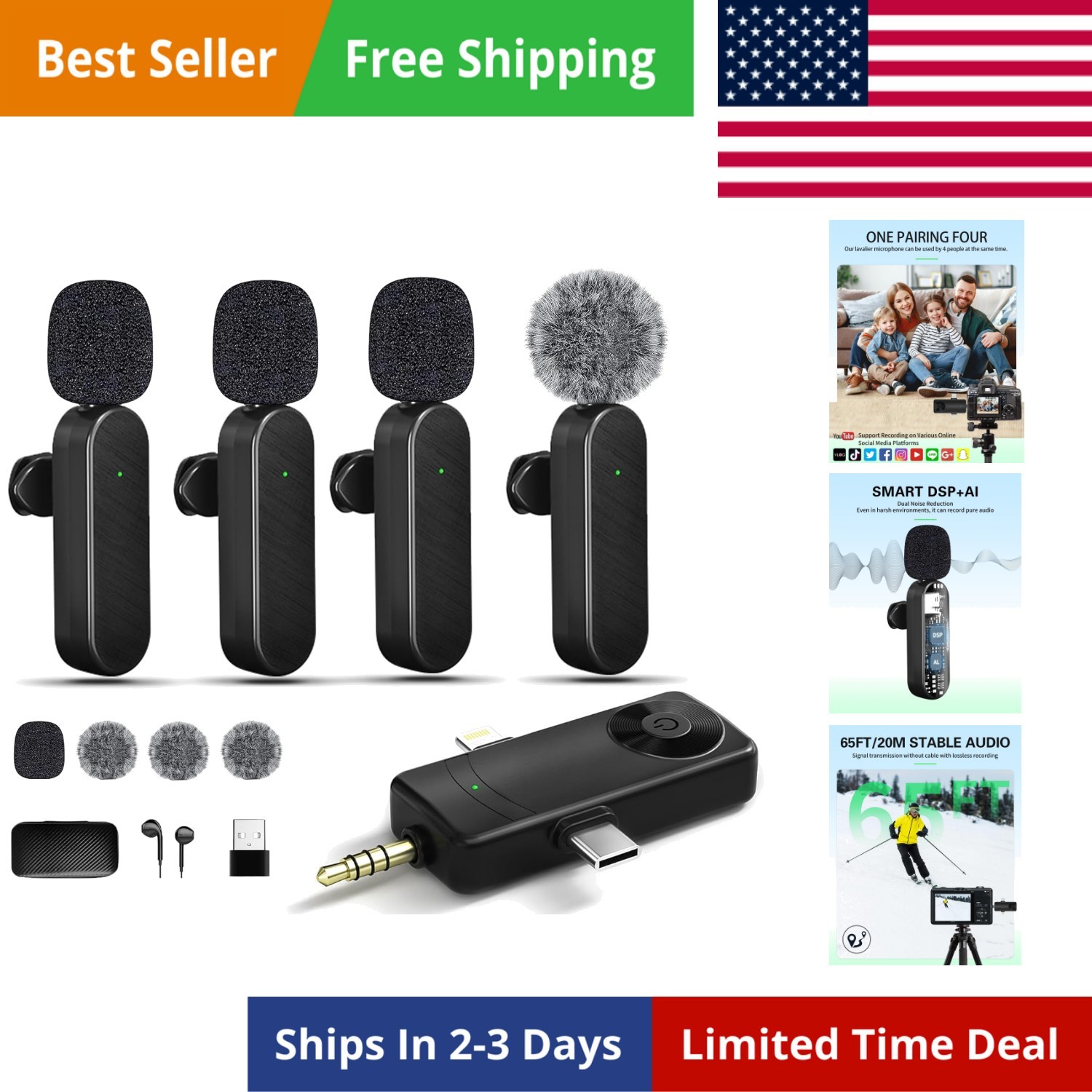 Wireless Lavalier Microphones Compatible for iPhone, Android Phone, Camera, C...