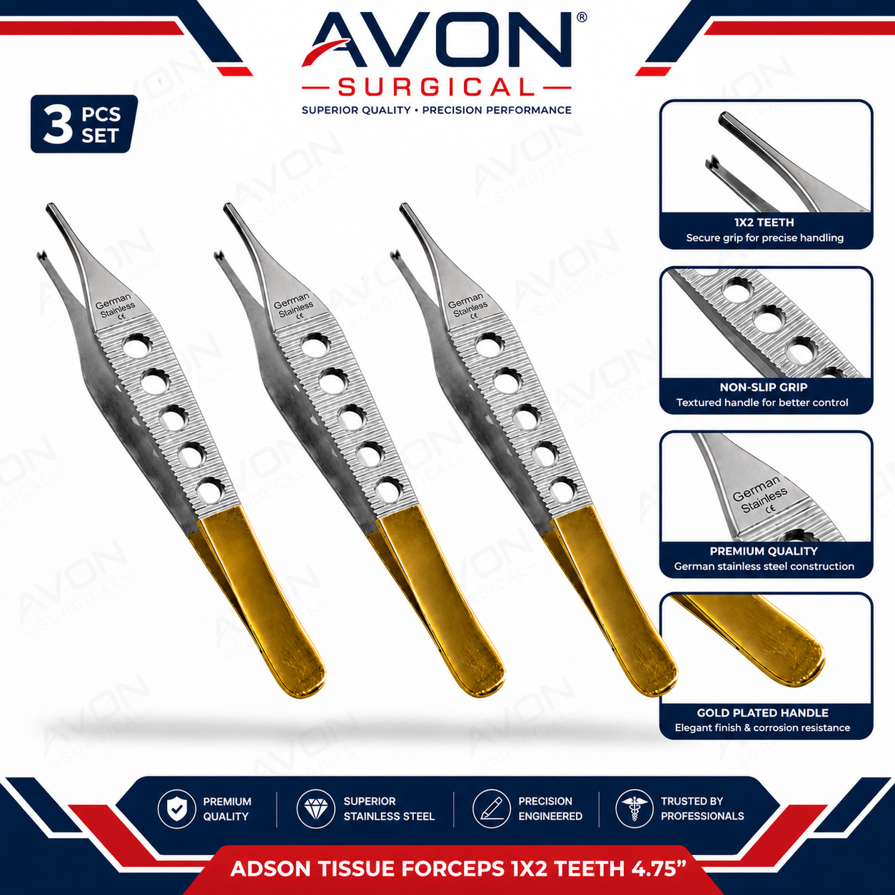 3 PCS ADSON FINE TISSUE PLASTIC SURGERY FORCEP 1X2T W/ FENESTRATED GOLD HANDLE