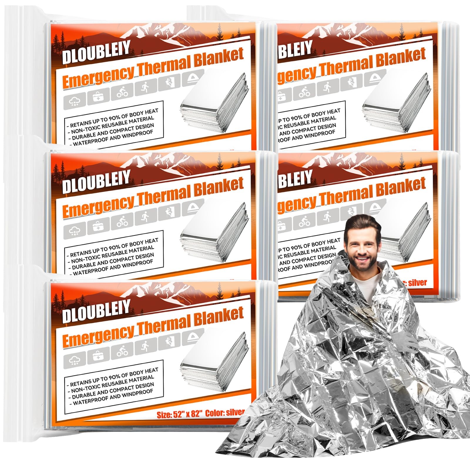 5-Pack Emergency Mylar Blankets, Thermal Space Blankets for Survival