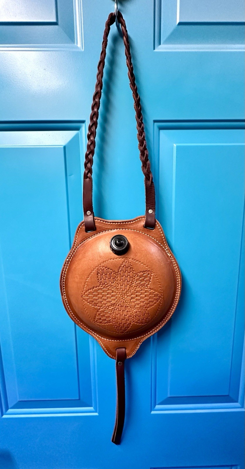 Leather Water Canteen With Braided Strap & Carved Leather Detail Vintage