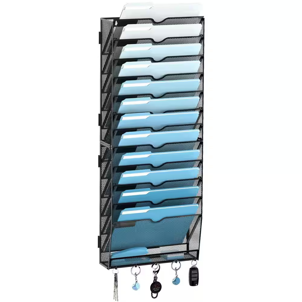 13-Tier Black Wall File Organizer with Hooks, Mesh Hanging File Holder and Mail