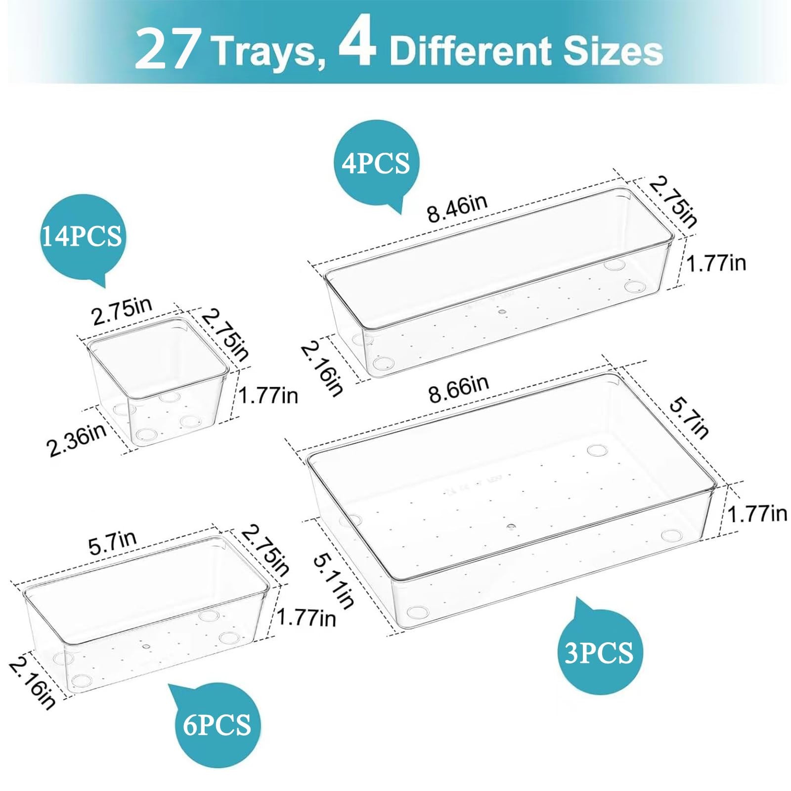 27 Pack Clear Plastic Drawer Organizer Set - 4 Sizes Makeup Vanity Organizer ...
