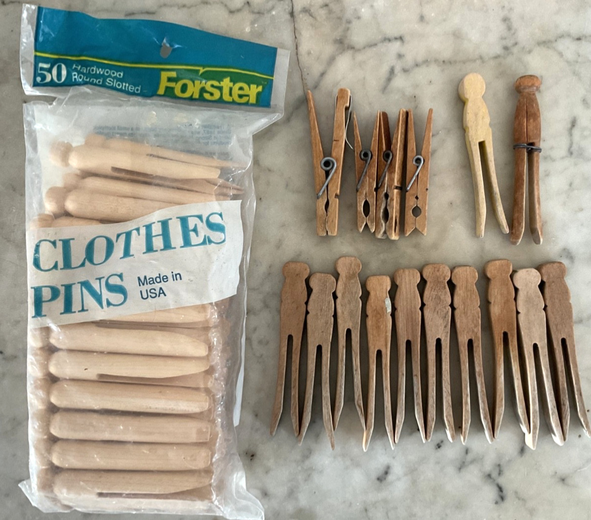 Vintage Lot of 60 Wood Clothes Pins Various Styles - Laundry Clothes Pins