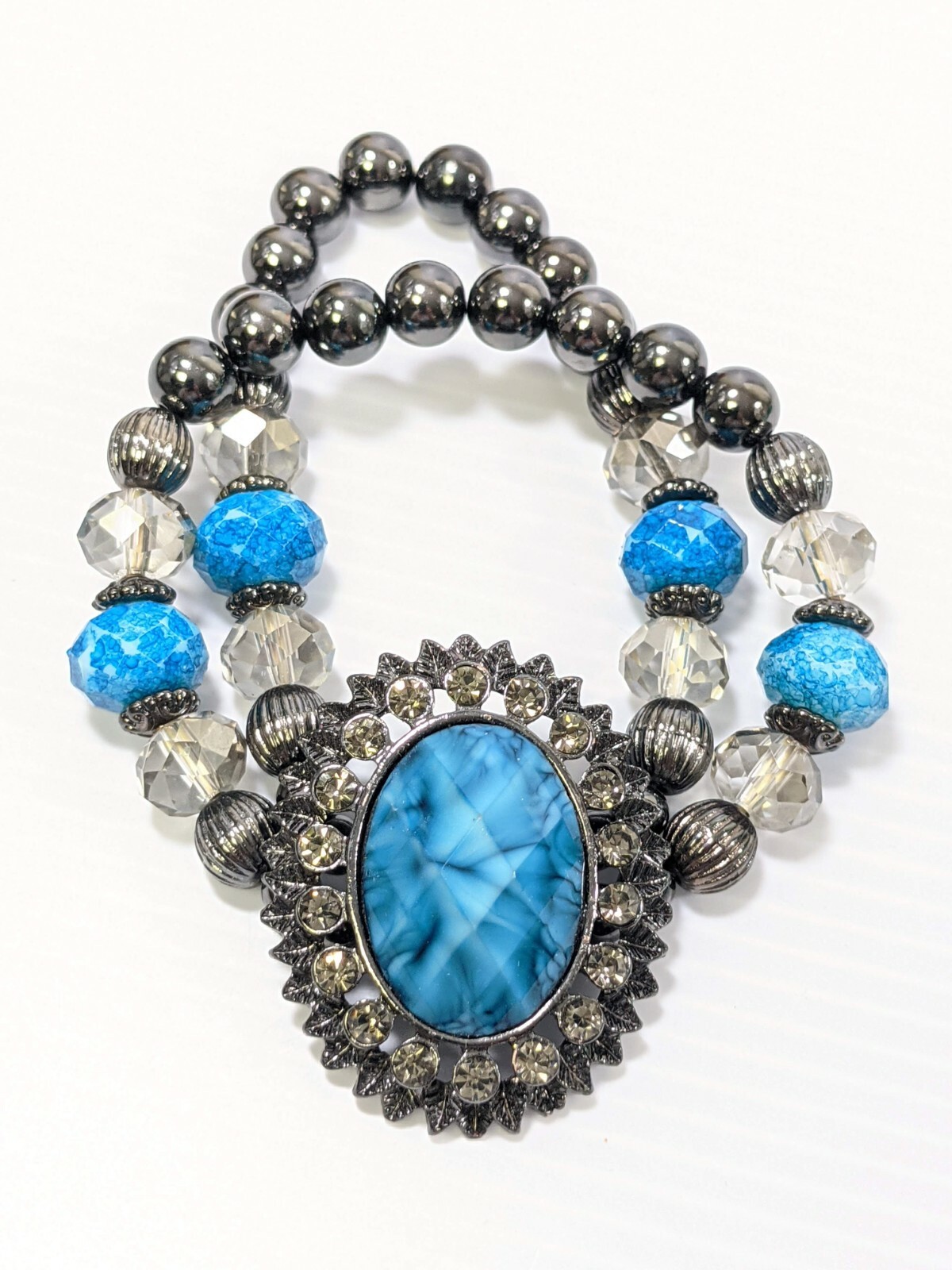 Artisan Gray Bead Blue Cabochon Oval Crystal Two Strand Stretch Bracelet