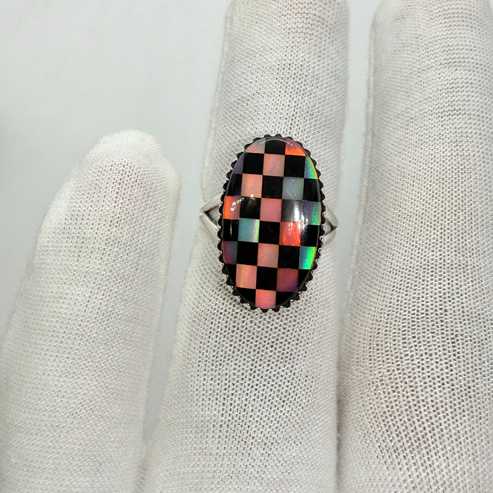 Aurora Opal Black Onyx Checker Boho Ring - 925 Sterling Silver Handmade Jewelry