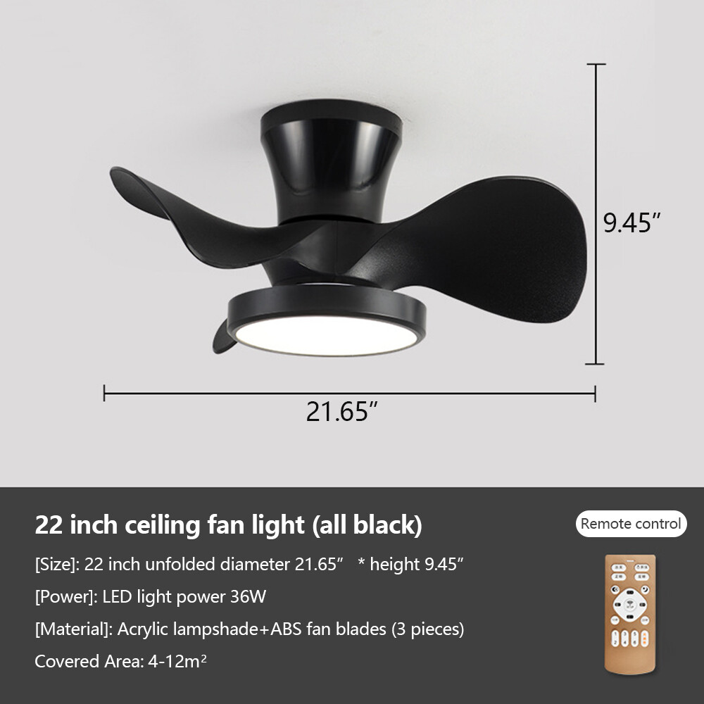 22" Quiet Ceiling Fan with LED Light Large Air Volume Remote Control Dining Room