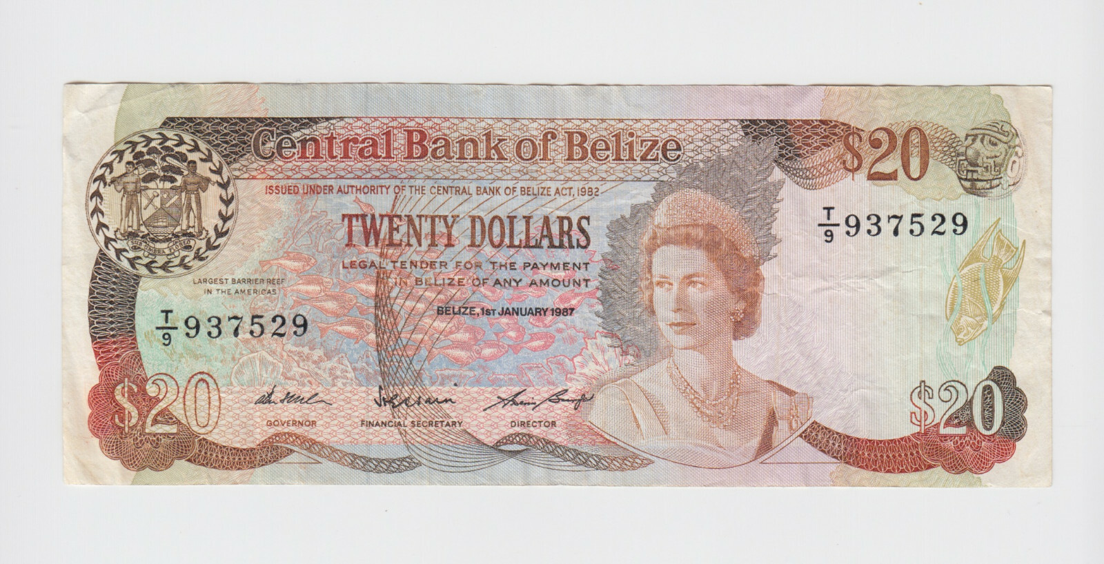 BELIZE P.49b-7529  20 DOLLARS 1.1.1987 PFX T/9 QEII  VERY FINE  2201