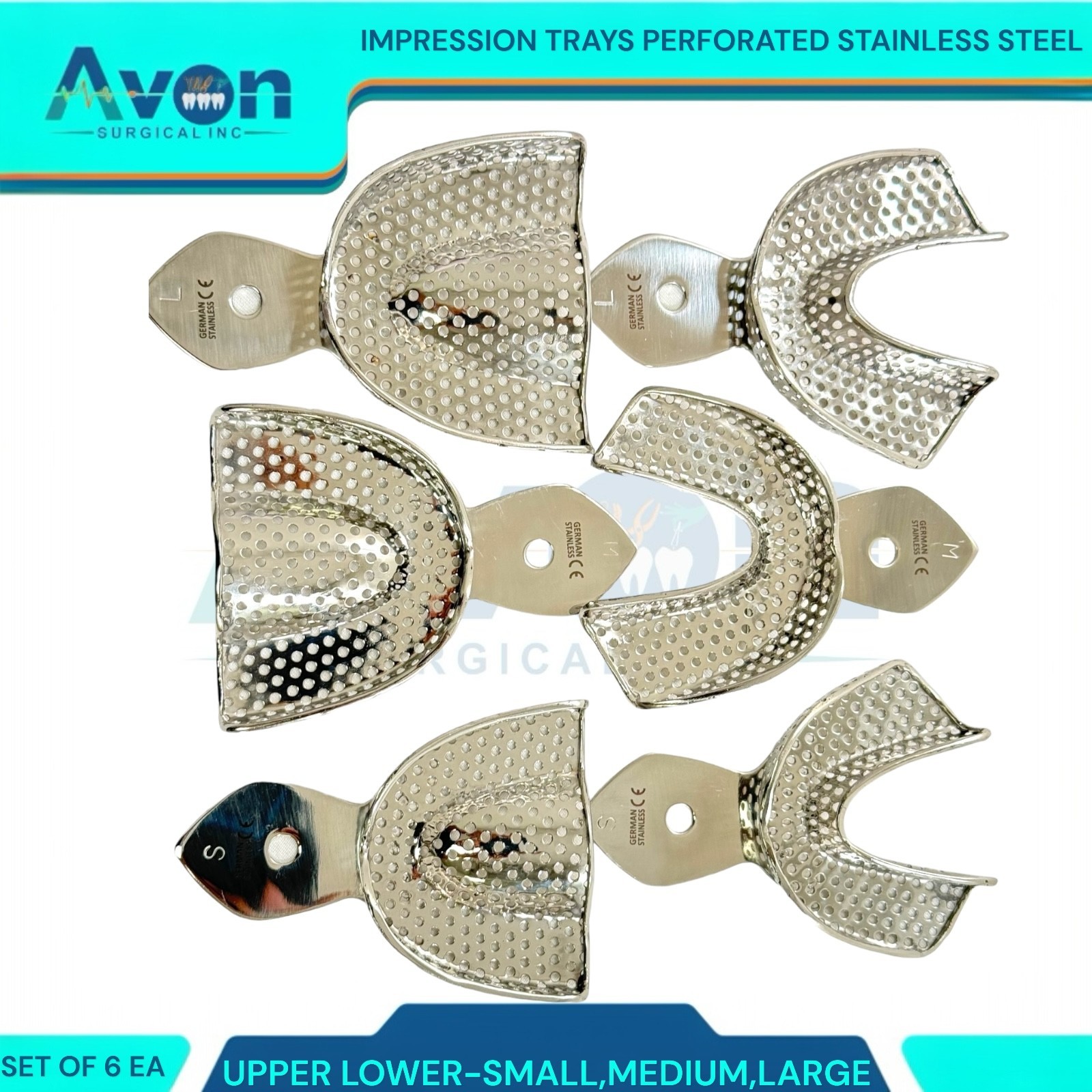 German Stainless Steel Dental Impression Trays, Upper & Lower Bundle