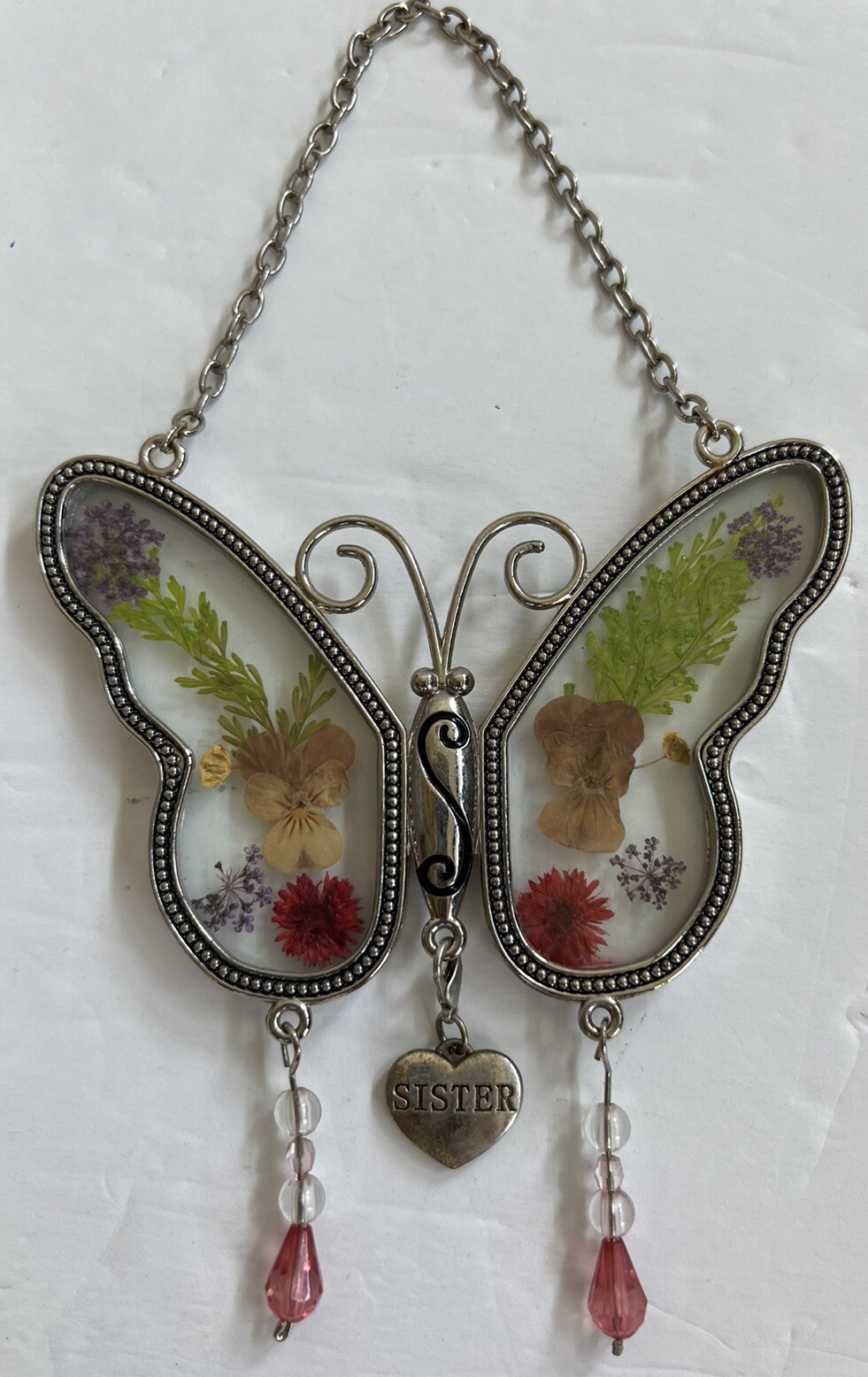Banberry Designs Butterfly Glass Art Sun Catcher Real Pressed Flowers Sister