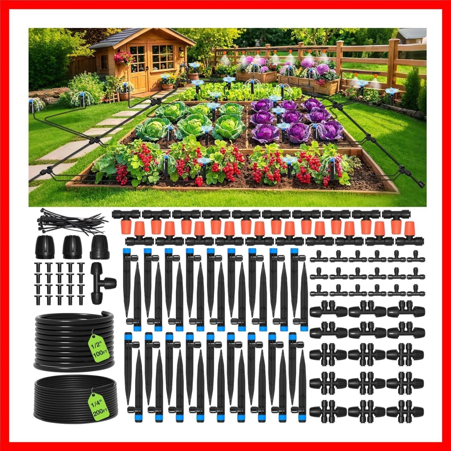 300FT Complete Drip Irrigation System Kit for Gardens & Greenhouses
