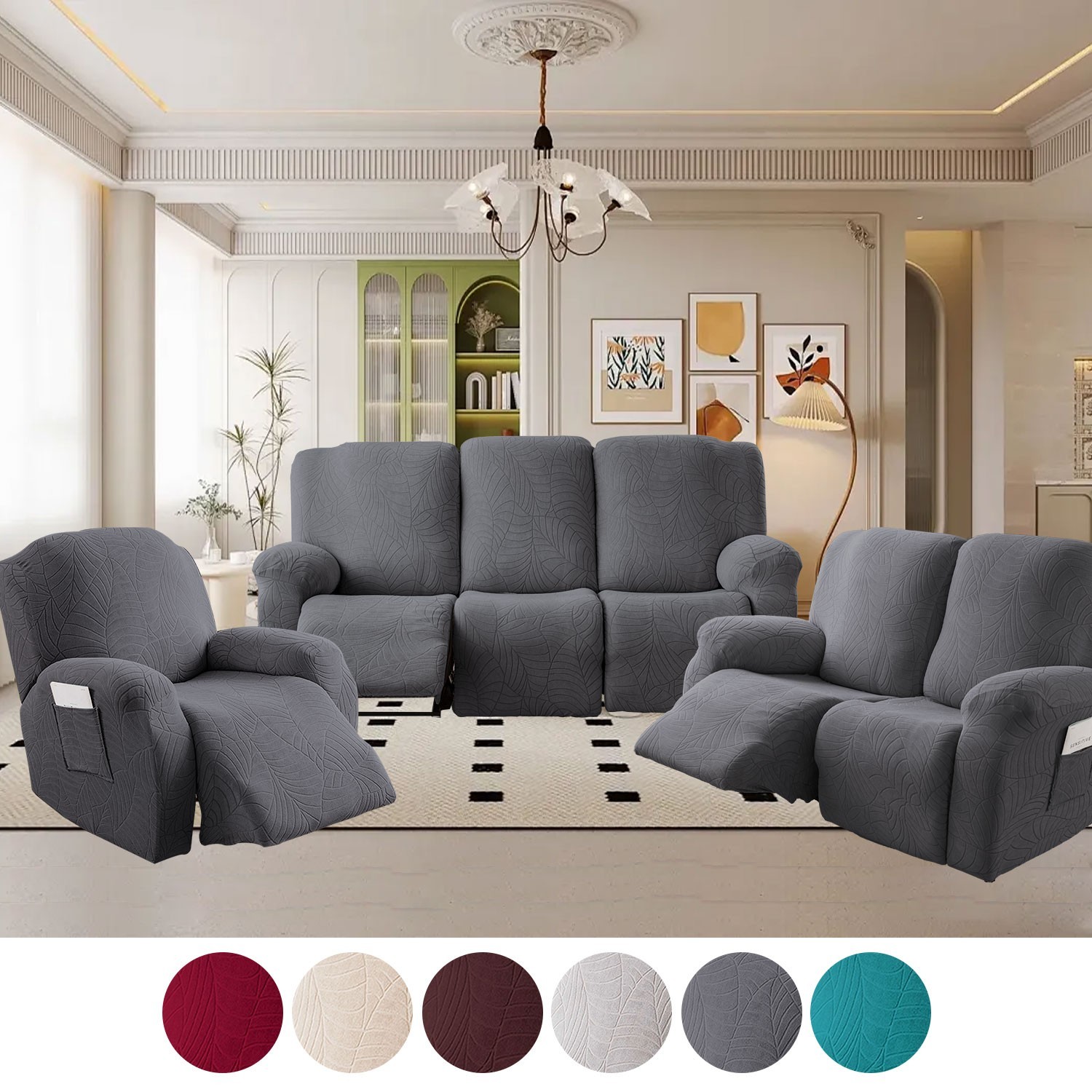 Waterproof Non-Slip Leaf Jacquard Stretch Recliner Sofa Cover Protection