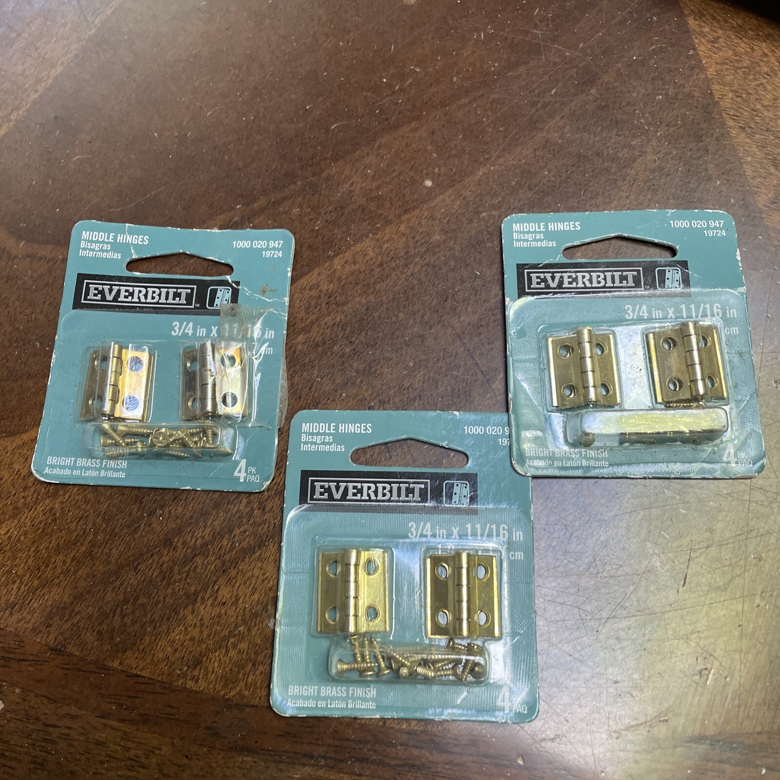 Everbilt 3 pks Middle Hinges 3/4"×1 1/16" Bright Brass Finish 4 per pack