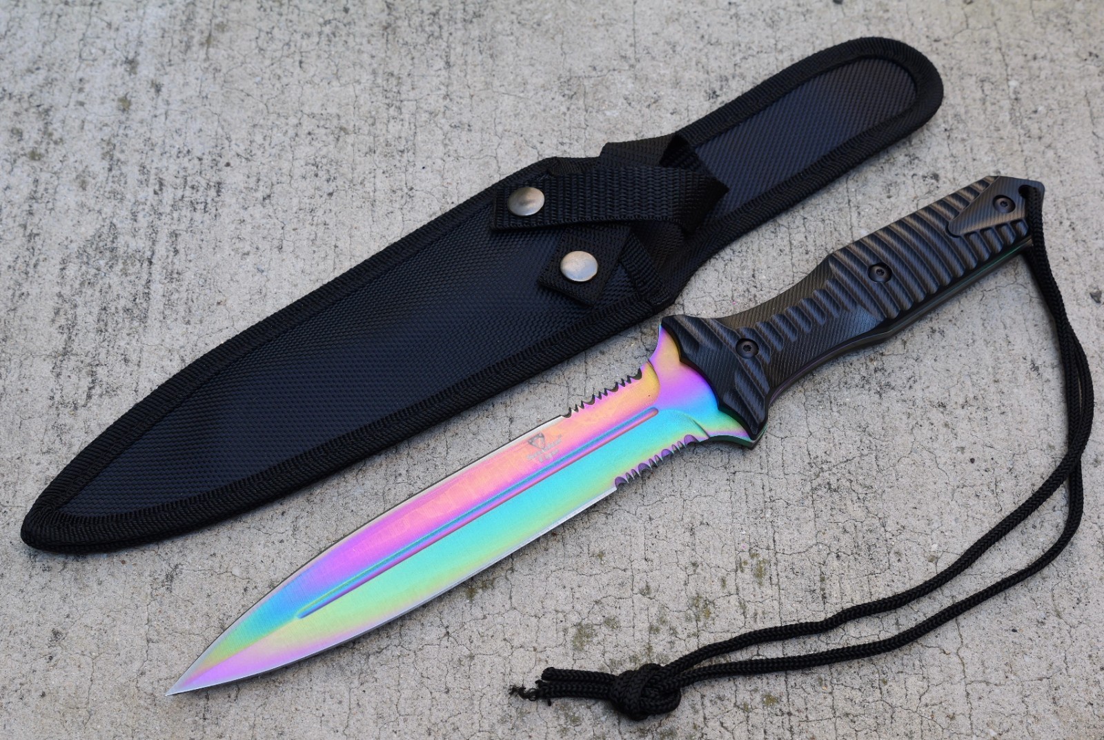 Full Tang Rainbow Titanium Color Tactical Fixed Blade Knife With Custom Sheath