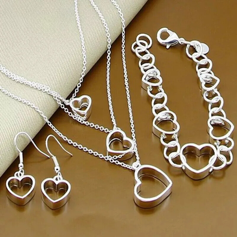 925 Sterling Silver Heart Earring Bracelet Necklace Set Women Fashion Jewelry