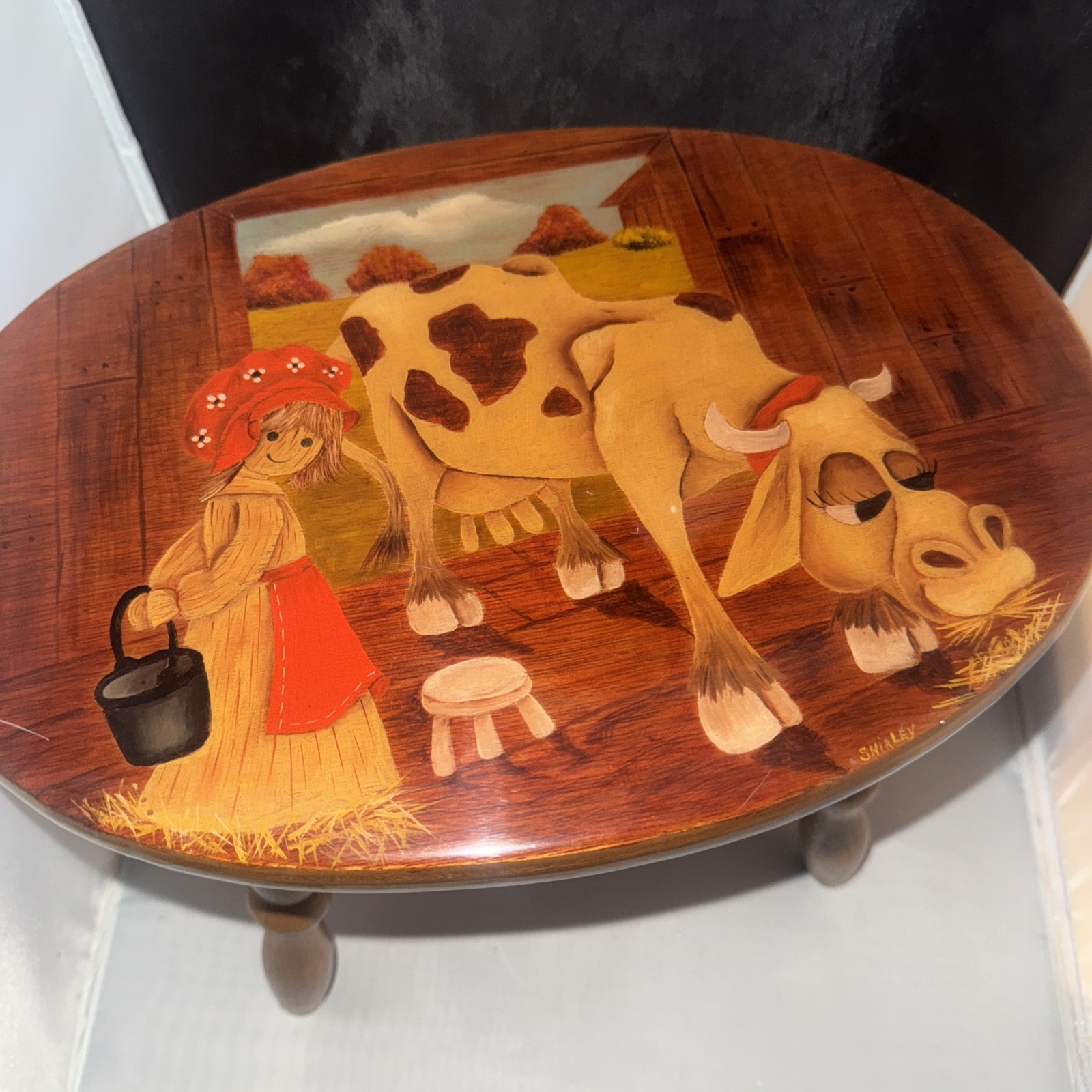 Vntg Hand Painted Milking /Kids Stool, Barn, Girl And a Cow Clear Lacquer (F)