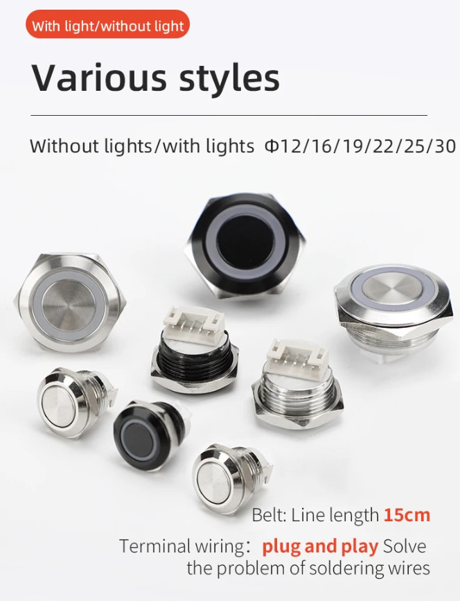 LED Push Button Switch 12-30mm Ultra Short Metal Waterproof Momentary Reset Wire