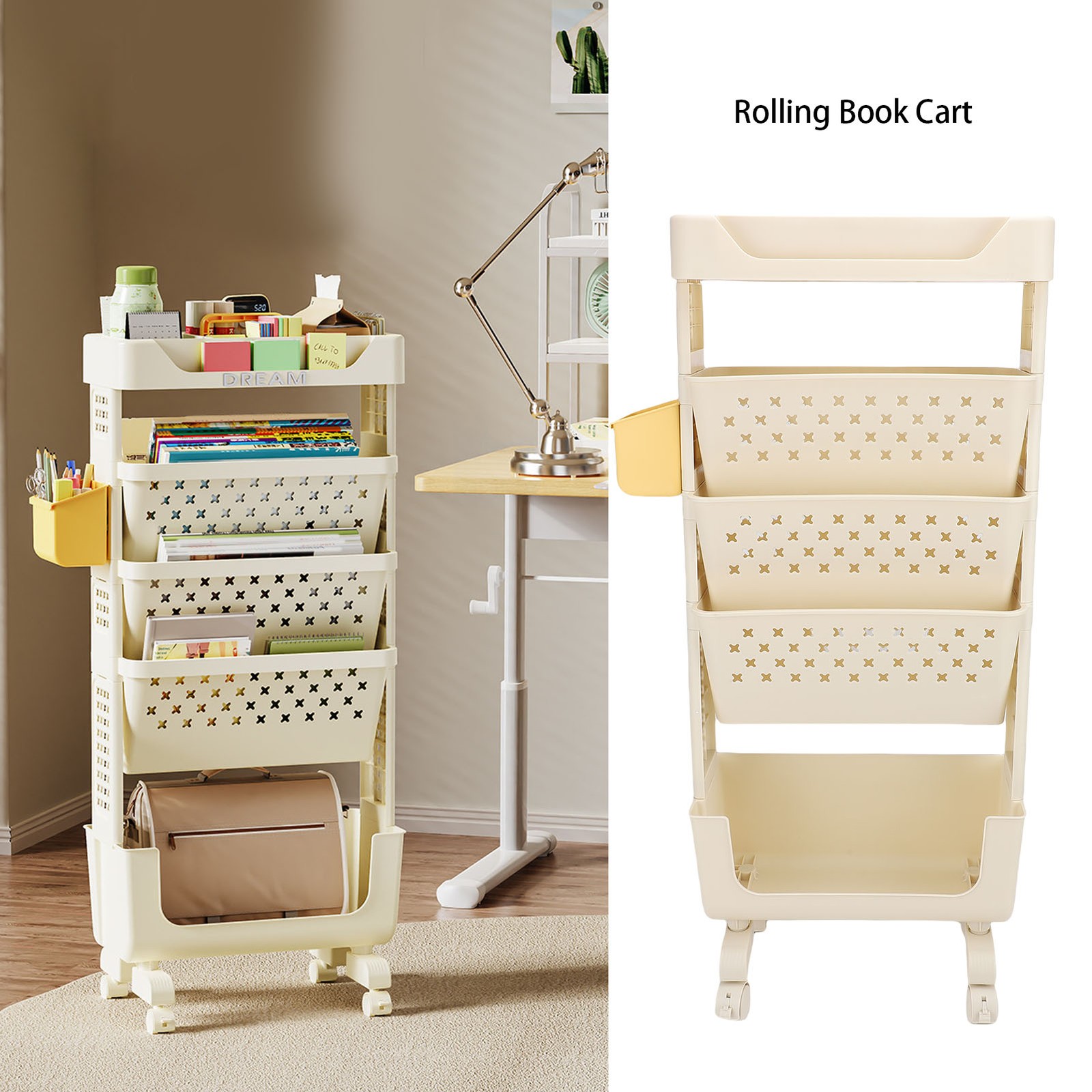 Rolling Book Cart 5 Tier PP Multi Functional Movable Storage Book Rack Utility