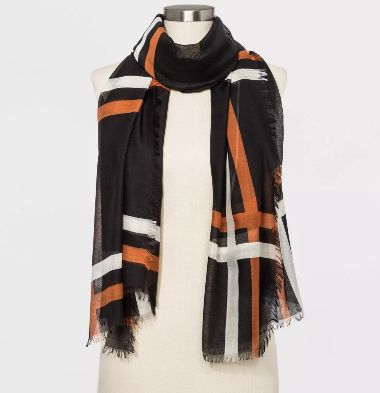 A New Day Women's Plaid Scarf 74"x32" Black with Grey and Orange stripes