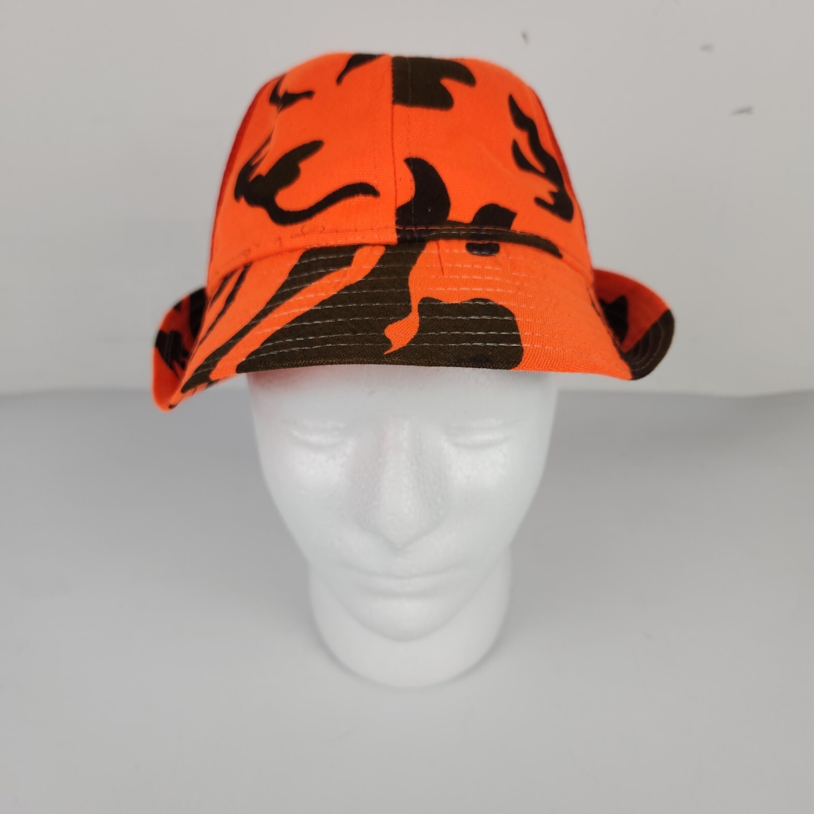 Vtg Unbranded Blaze Orange Camo Hunting Bucket Style Hat USA Size Medium Mesh