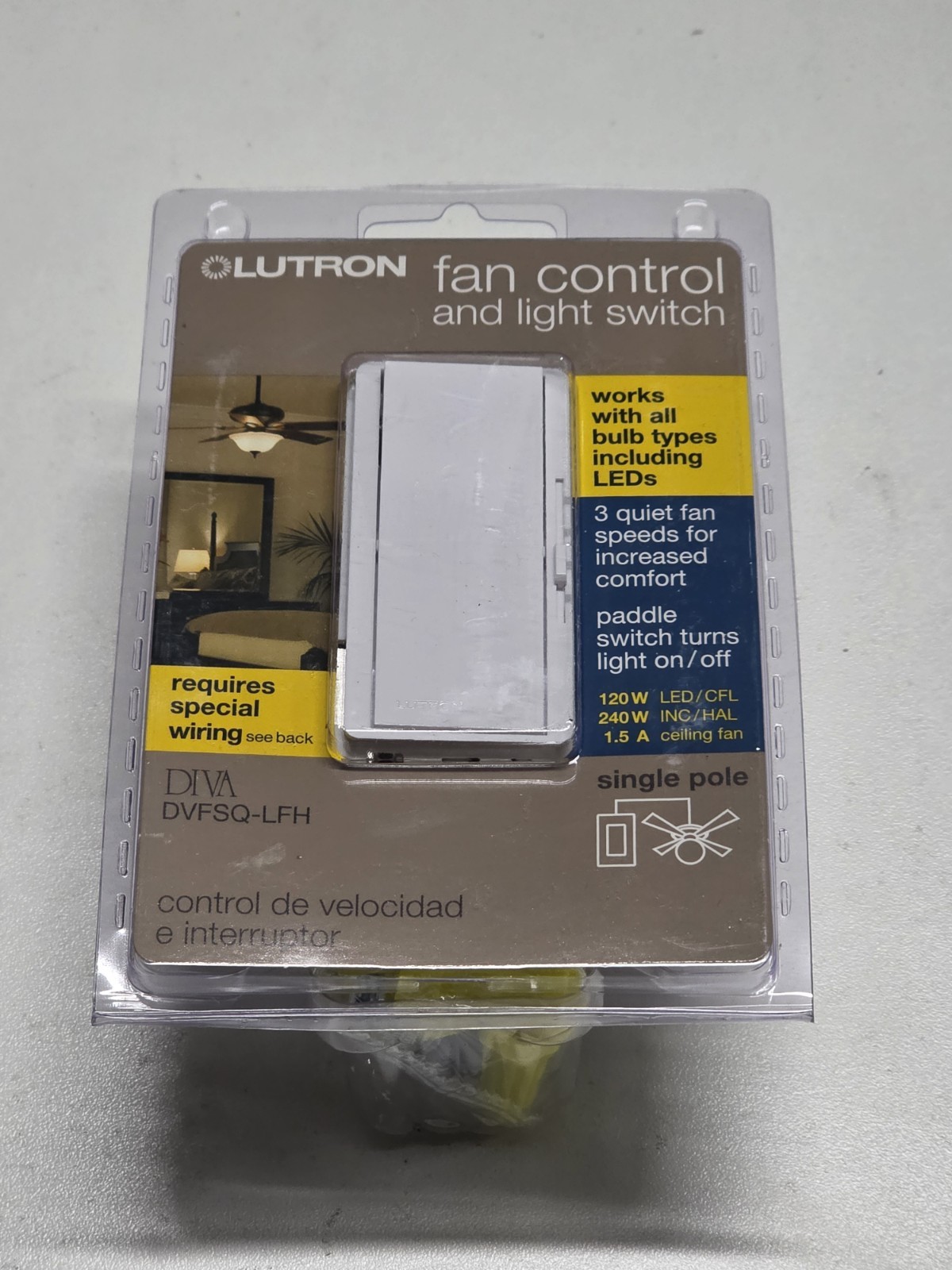 New Sealed Lutron DVFSQ-LFH Diva Fan Control & Light Switch White Color!